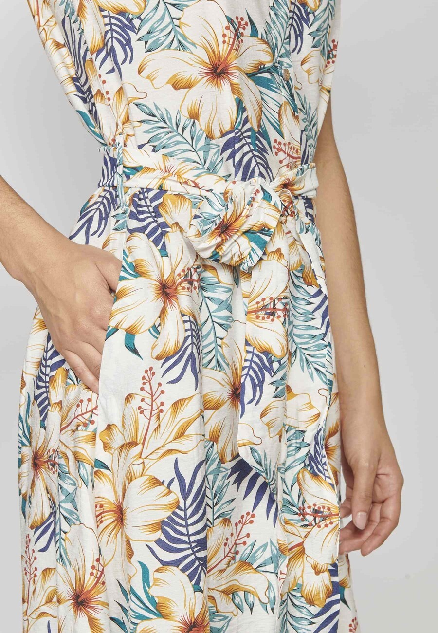 Marineblaues, kurzärmeliges, langes Kleid mit tropischem Blumenmuster für Frauen 6