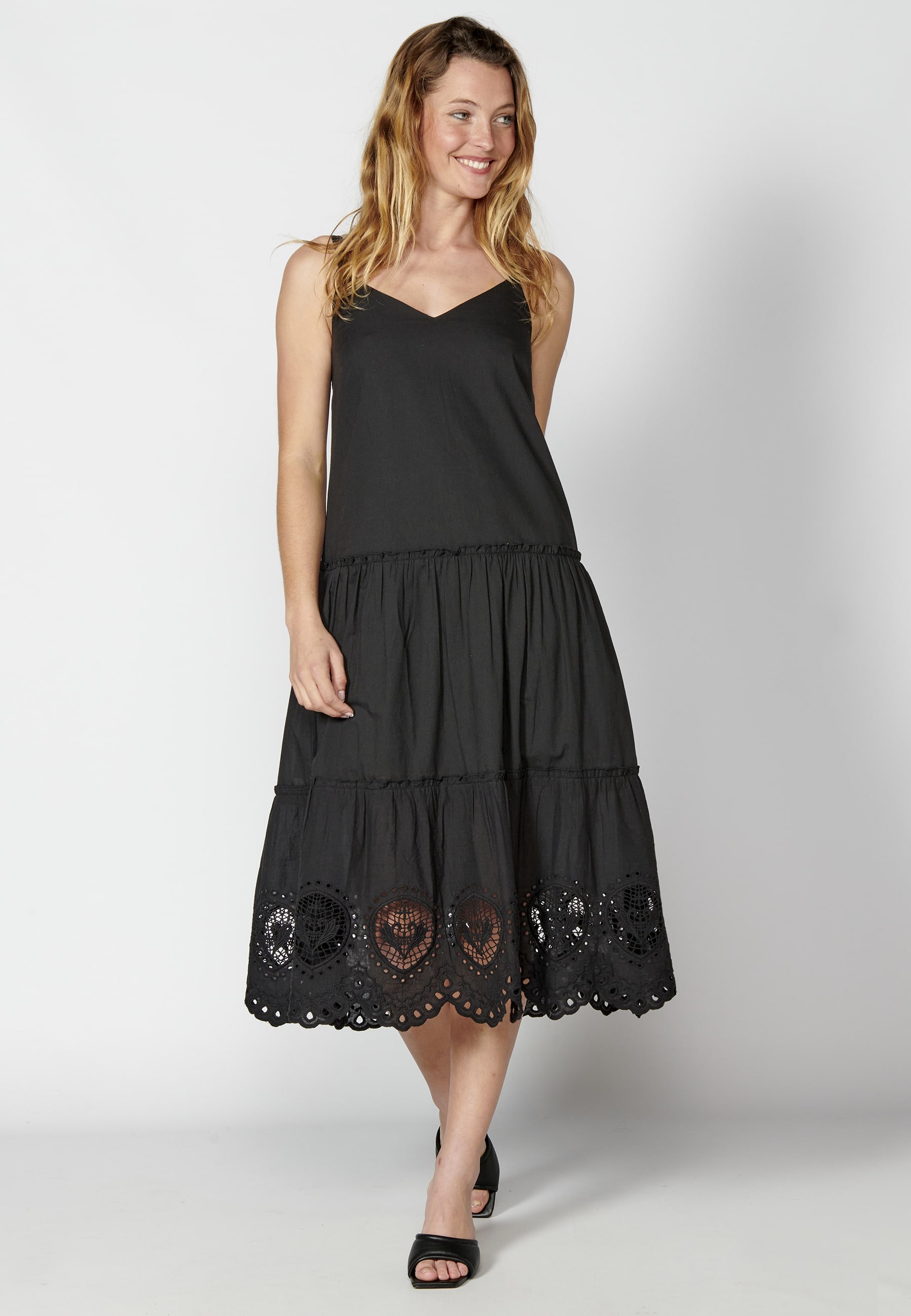 Long Cotton Strappy Dress with Black Embroidery for Woman