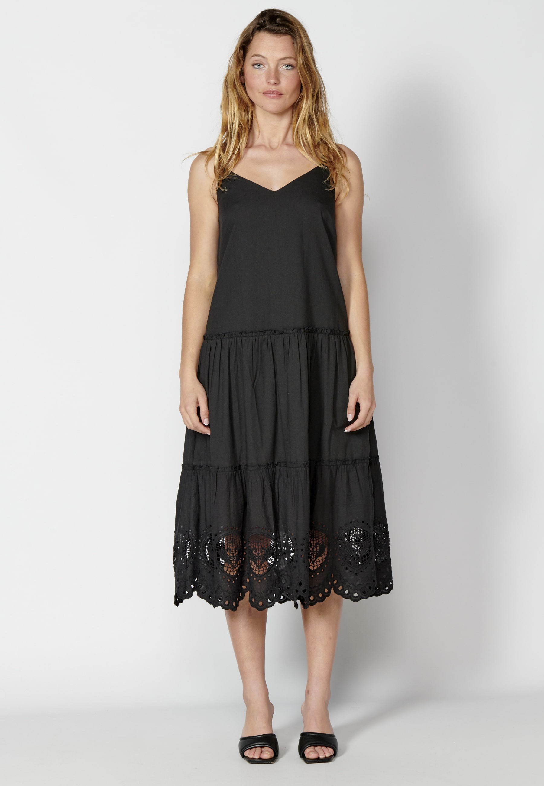 Long Cotton Strappy Dress with Black Embroidery for Woman