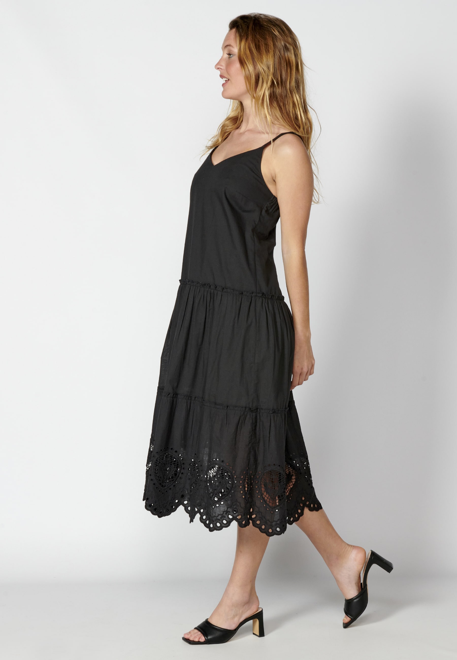 Vestido largo de tirantes de Algodón con bordados color Negro para Mujer