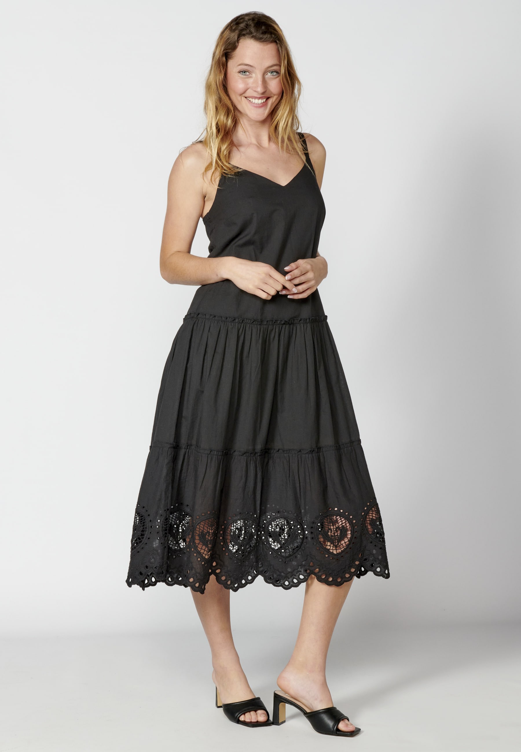 Long Cotton Strappy Dress with Black Embroidery for Woman