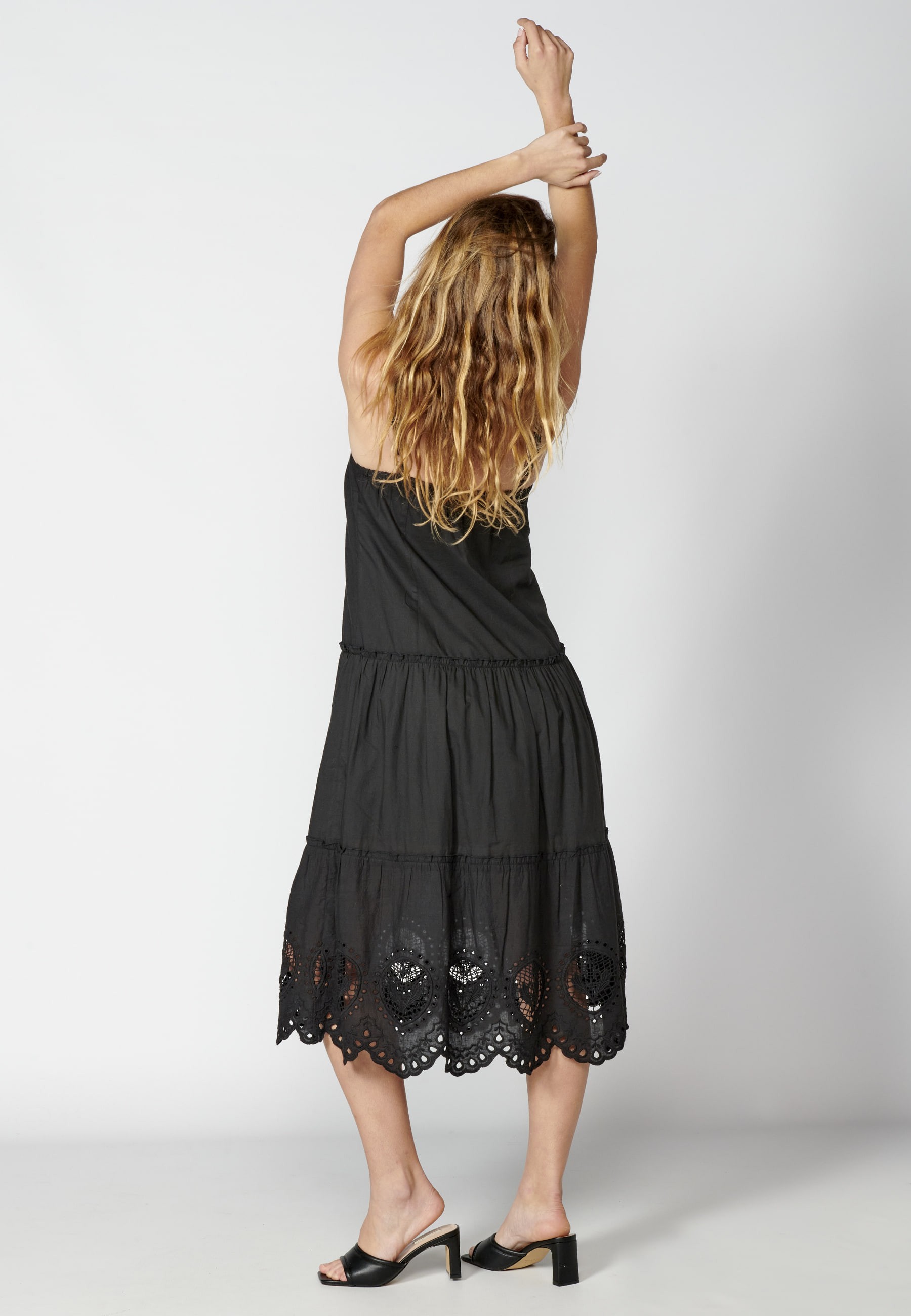 Long Cotton Strappy Dress with Black Embroidery for Woman