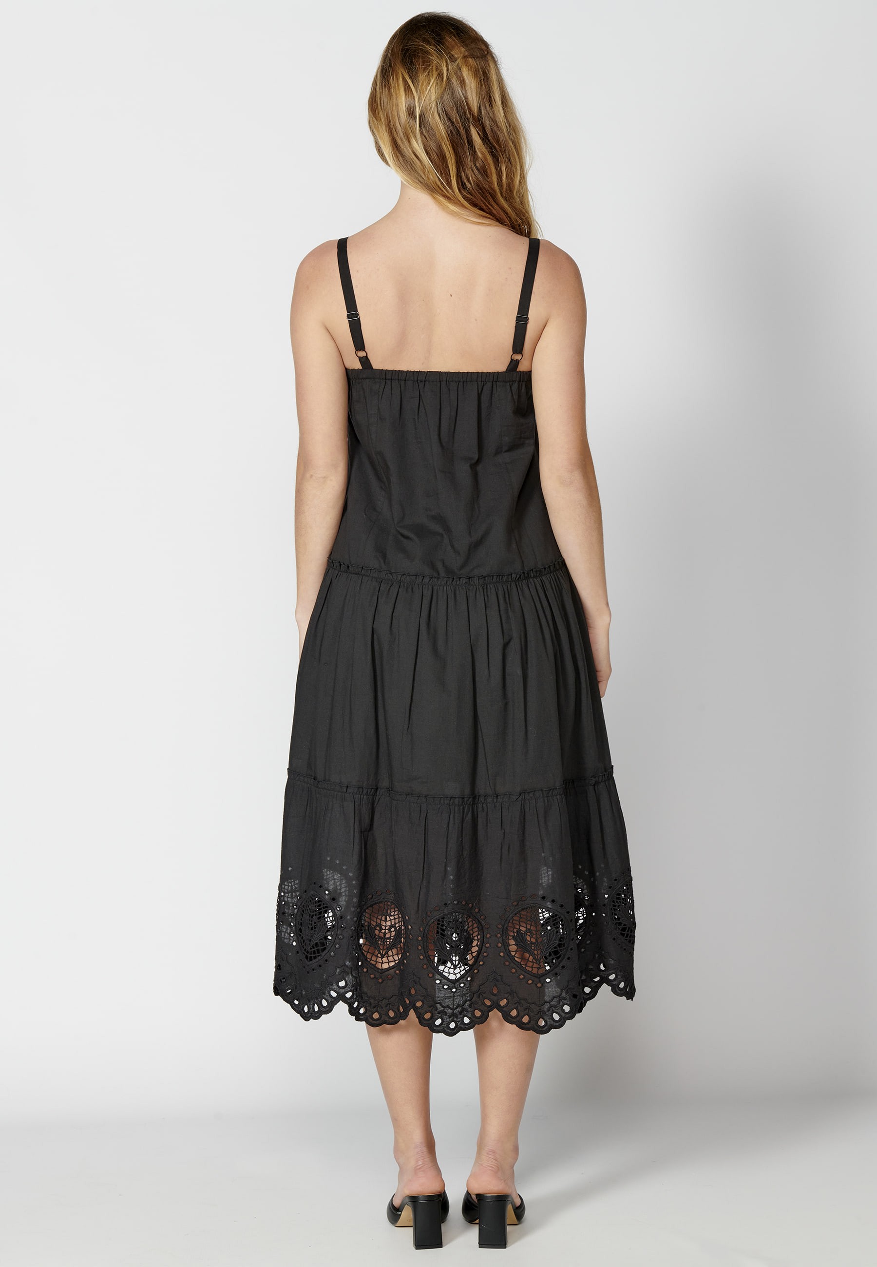 Long Cotton Strappy Dress with Black Embroidery for Woman