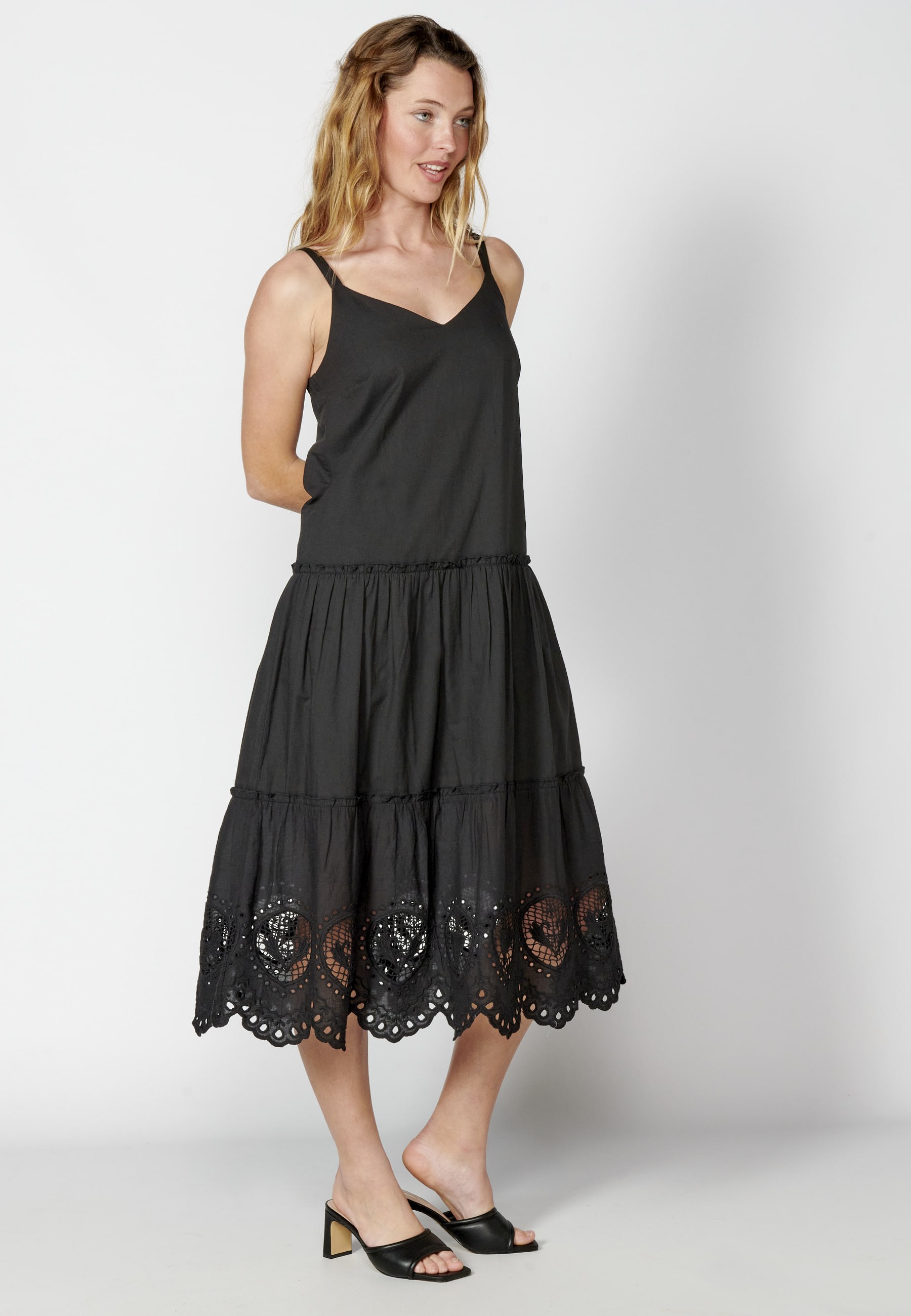 Long Cotton Strappy Dress with Black Embroidery for Woman