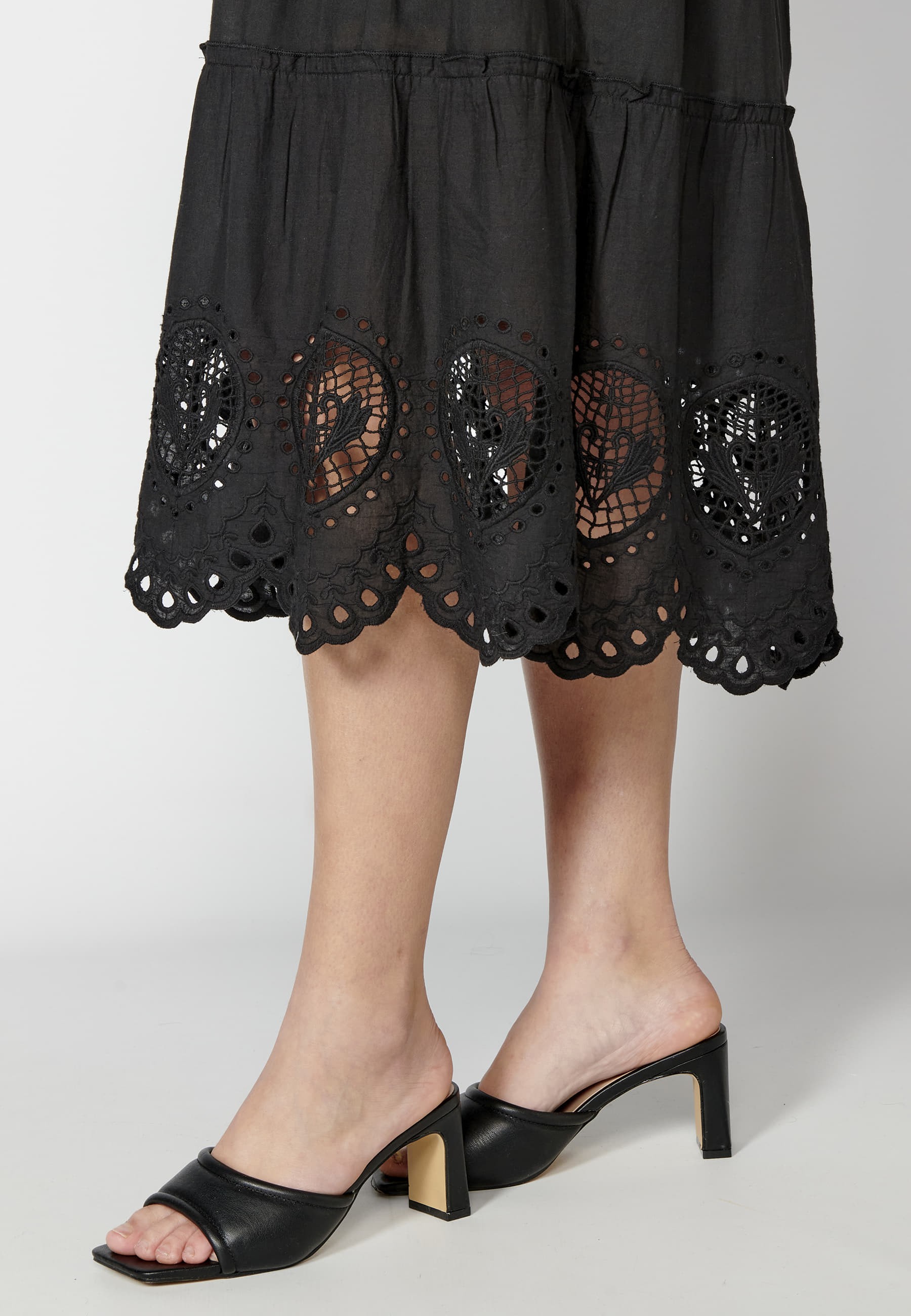 Long Cotton Strappy Dress with Black Embroidery for Woman