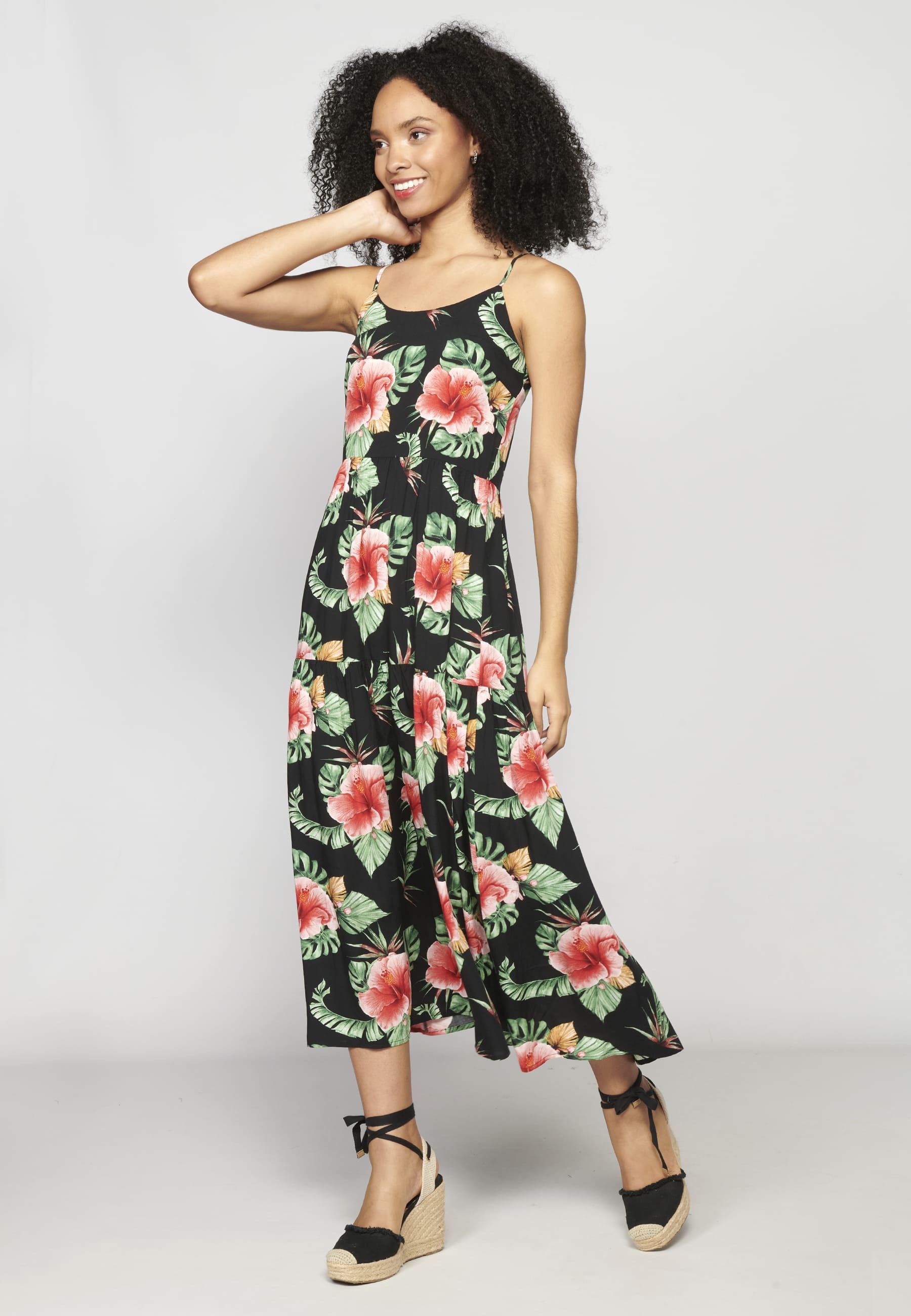 Langes Sommerkleid mit verstellbaren Trägern, V-Ausschnitt und Blumendruck in Schwarz für Damen