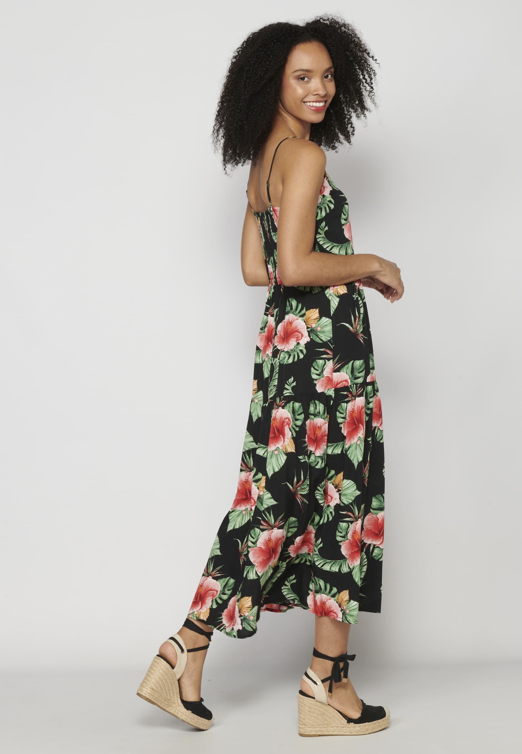 Langes Sommerkleid mit verstellbaren Trägern, V-Ausschnitt und Blumendruck in Schwarz für Damen