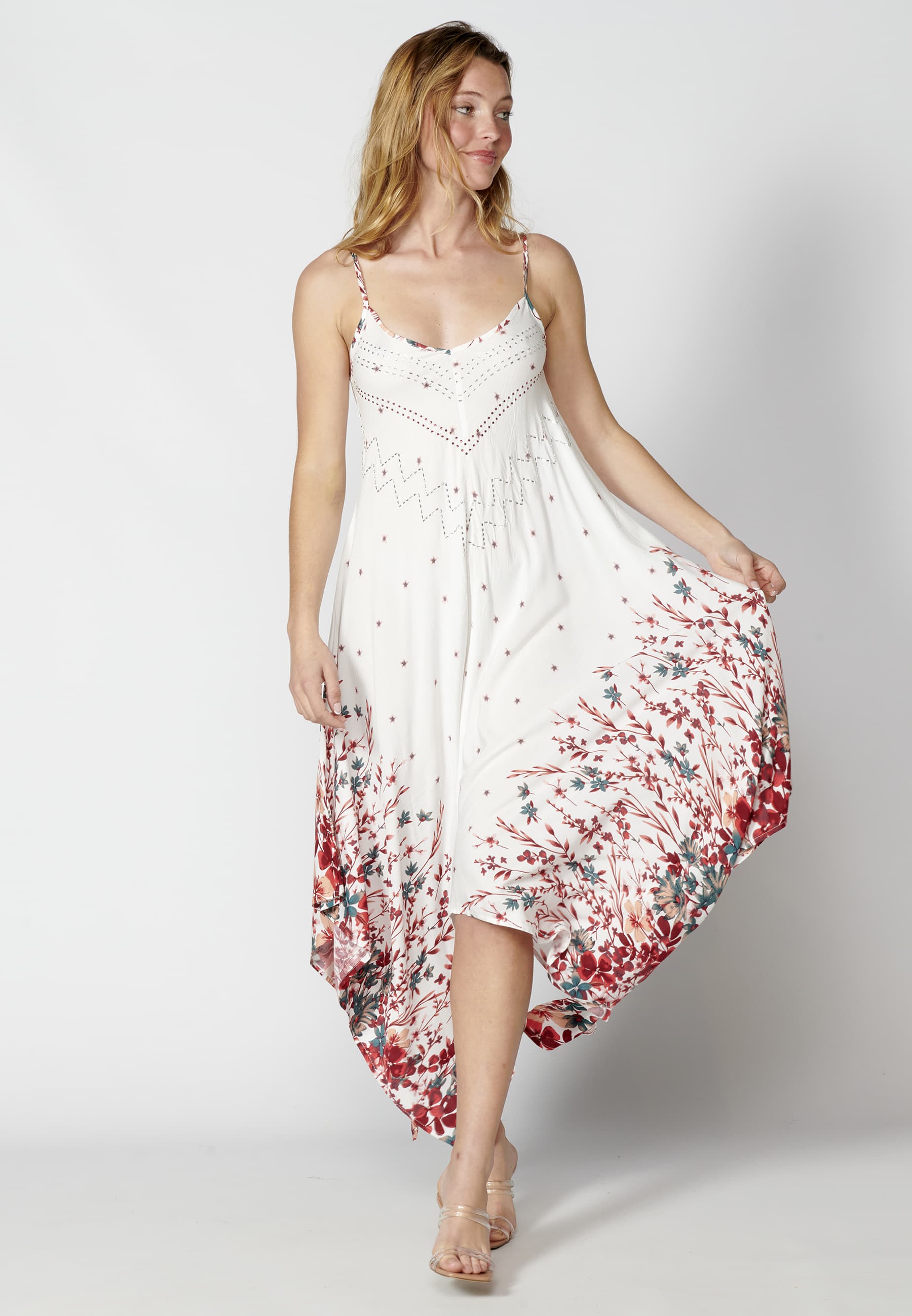 Lockeres langes Trägerkleid mit weißem Blumendruck für Damen