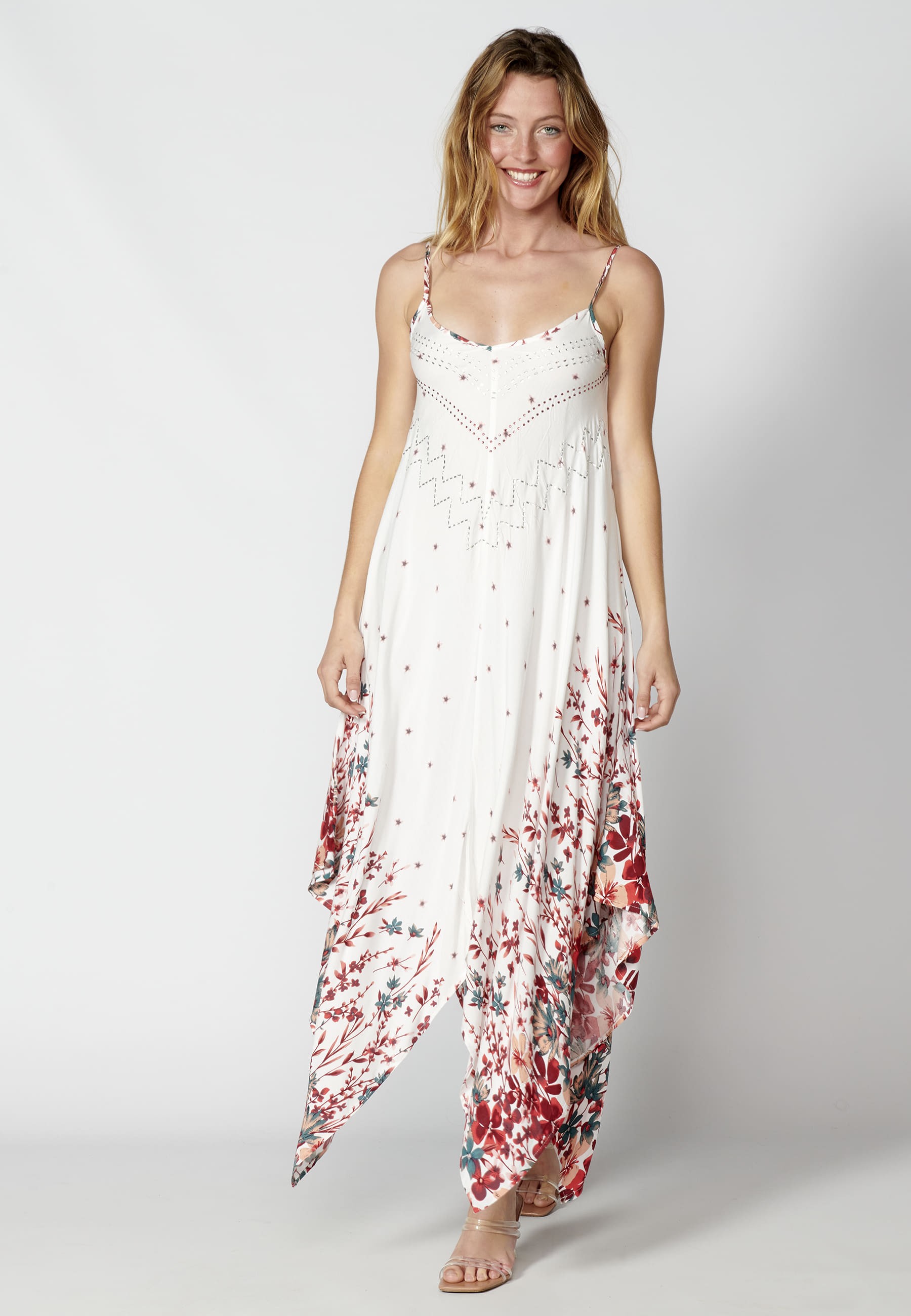 Loose long strappy dress with white floral print for Women