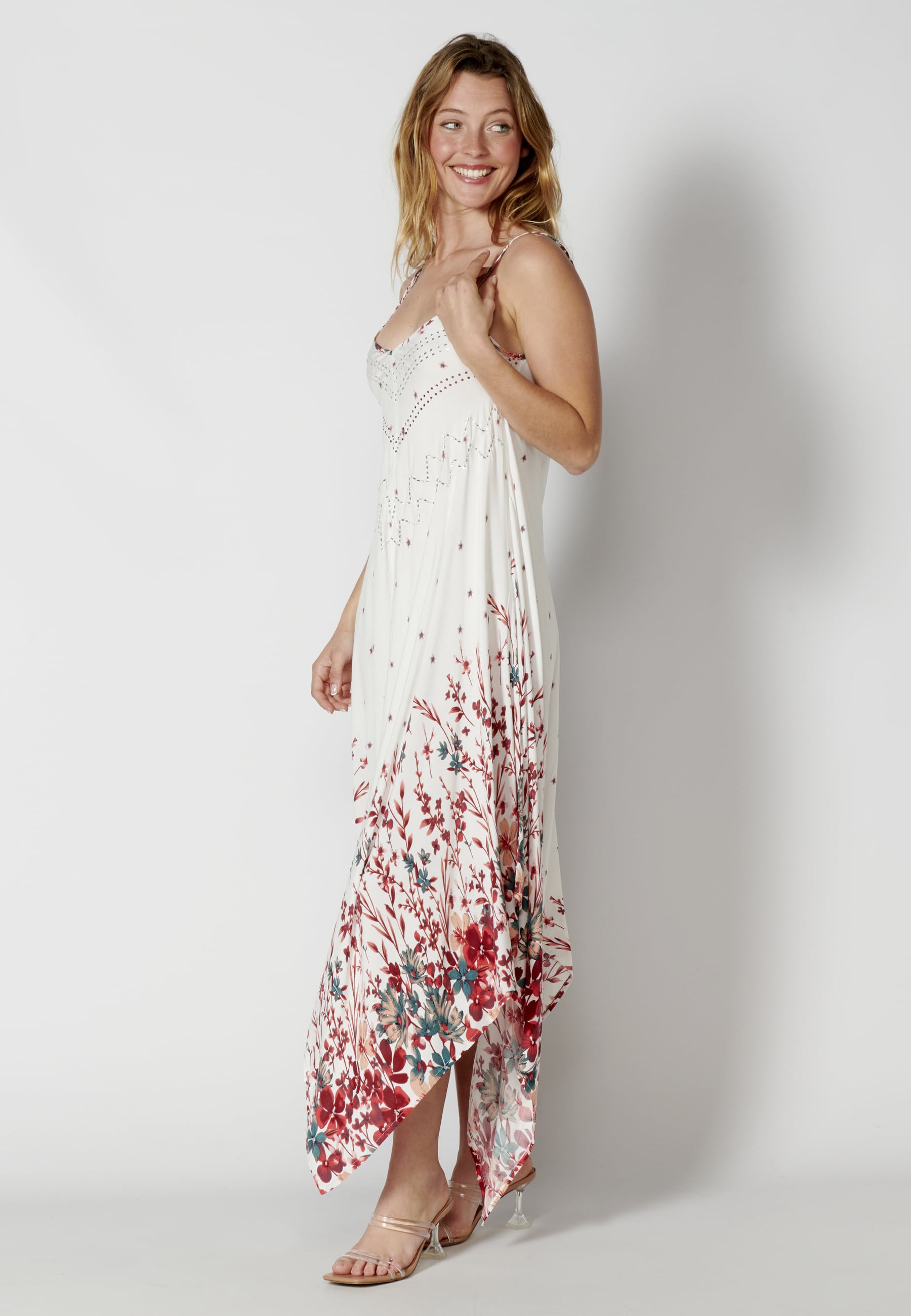 Loose long strappy dress with white floral print for Women