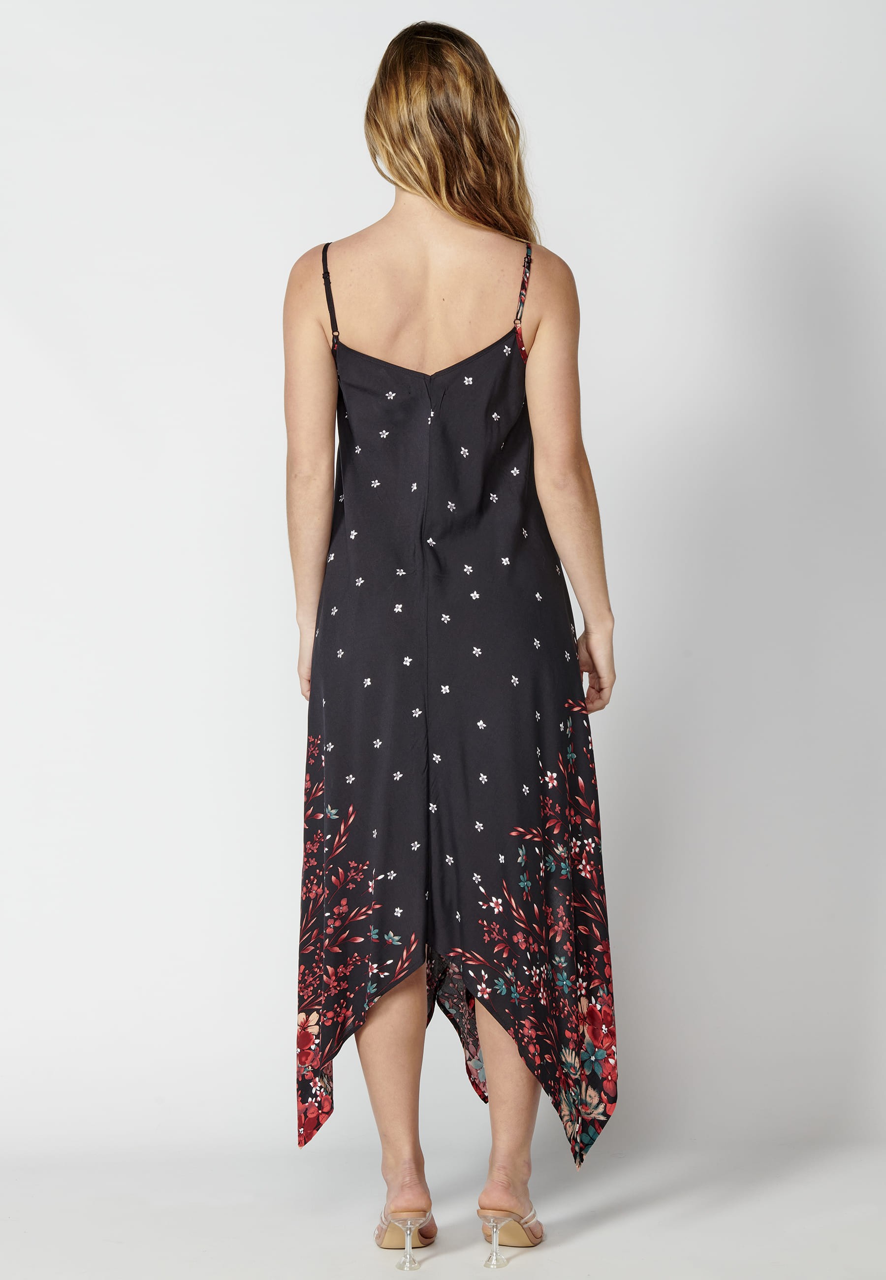 Loose long strappy dress with black floral print for Women