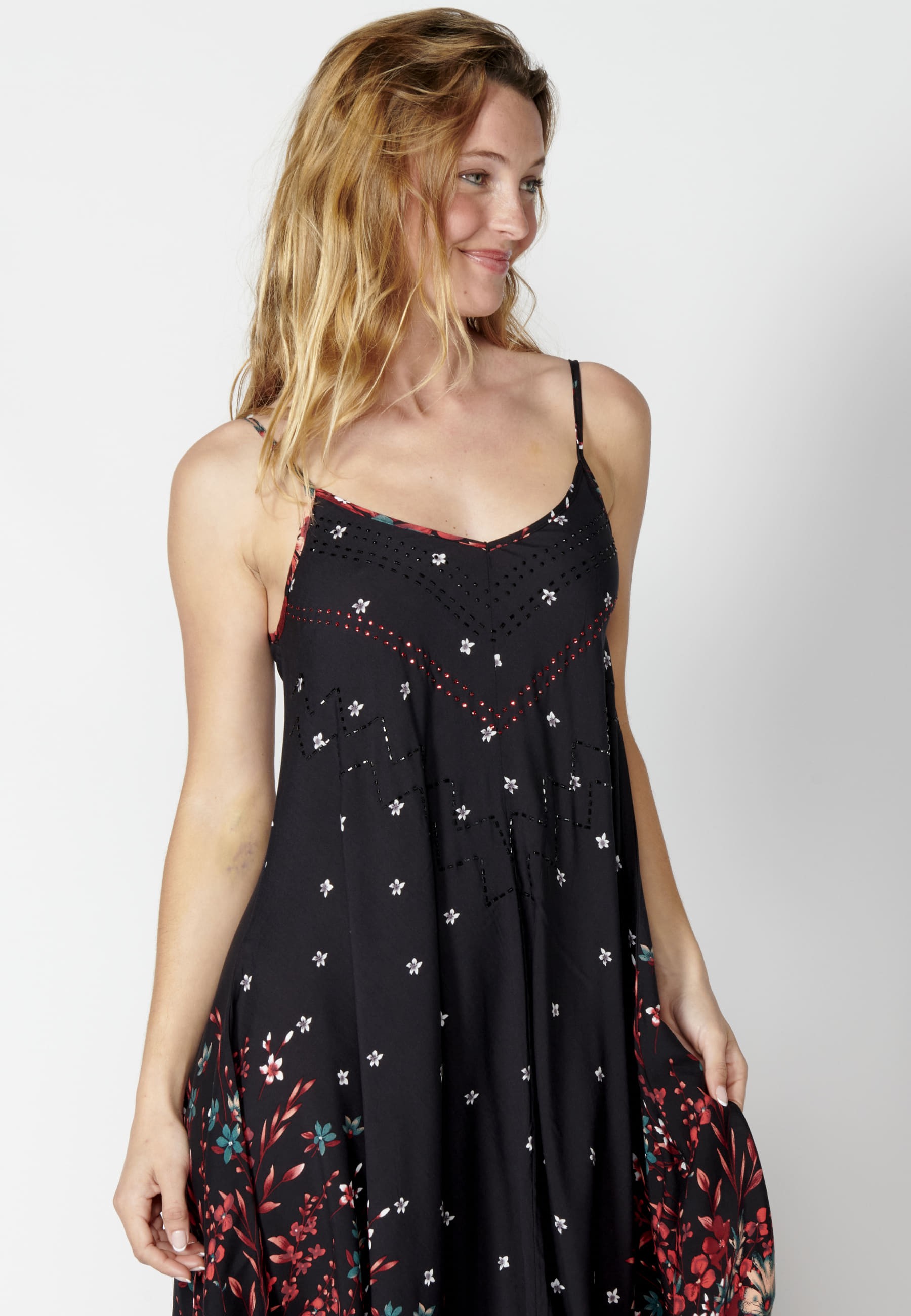Loose long strappy dress with black floral print for Women
