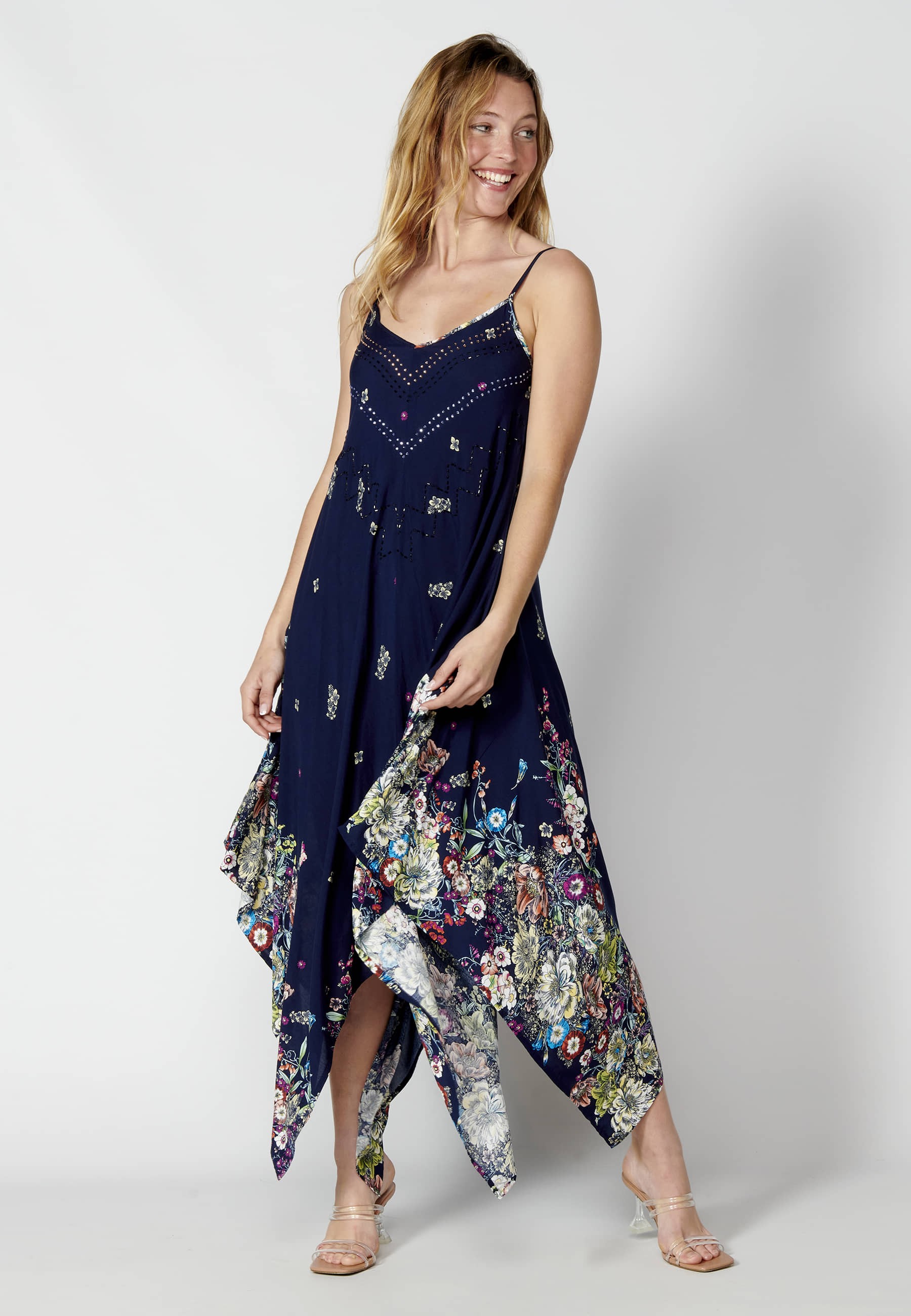 Navy Floral Print Loose Long Strappy Dress for Women