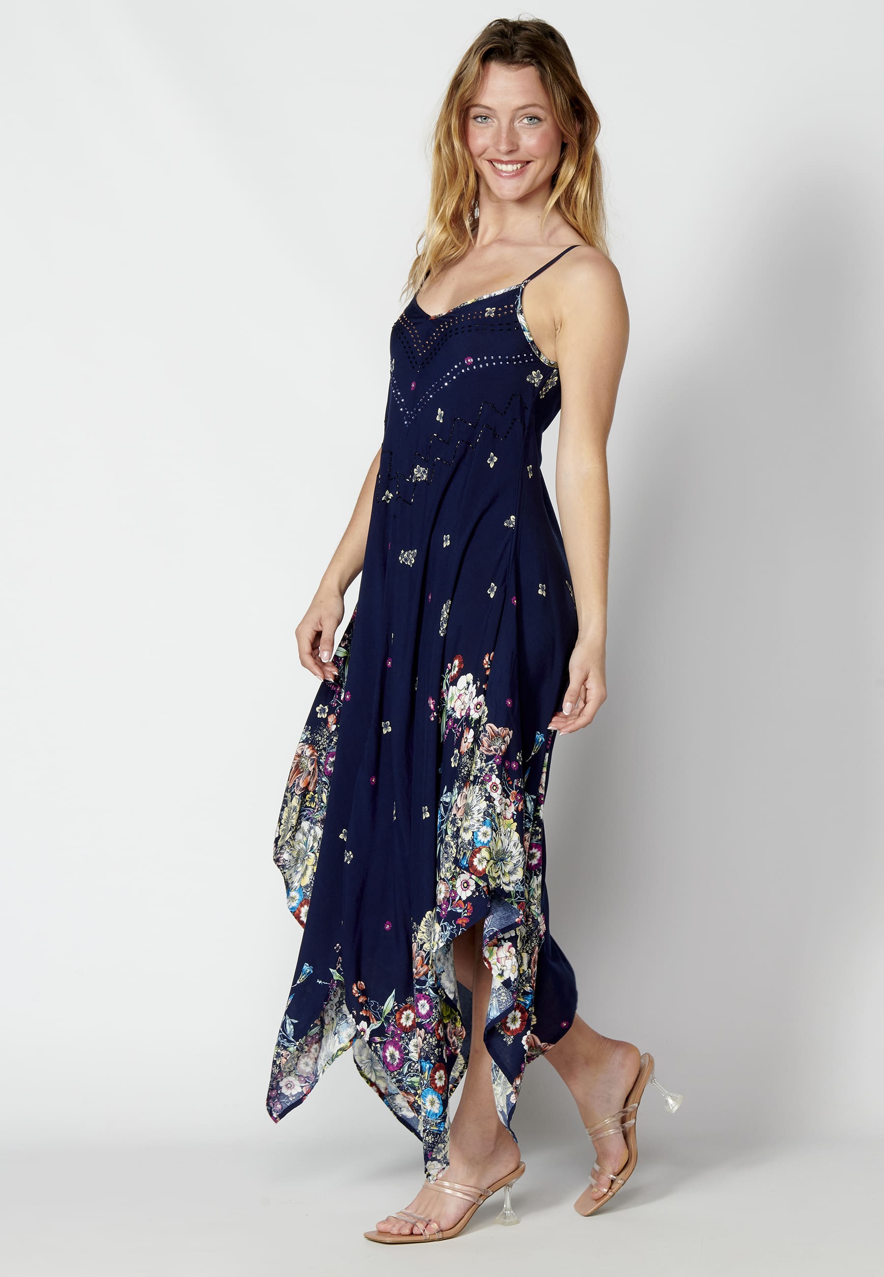 Marineblaues, lockeres, langes Trägerkleid mit Blumenmuster für Frauen