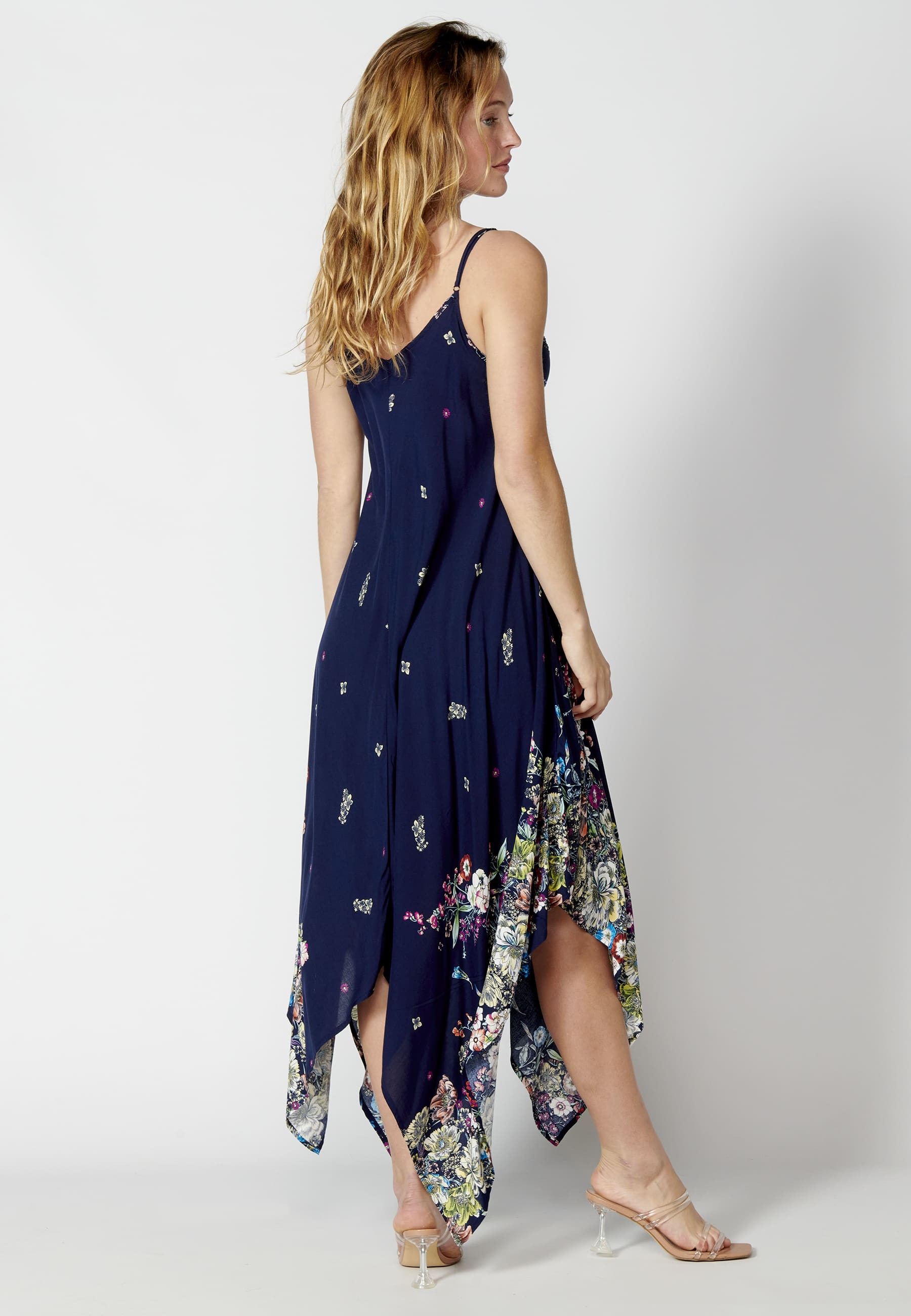 Navy Floral Print Loose Long Strappy Dress for Women