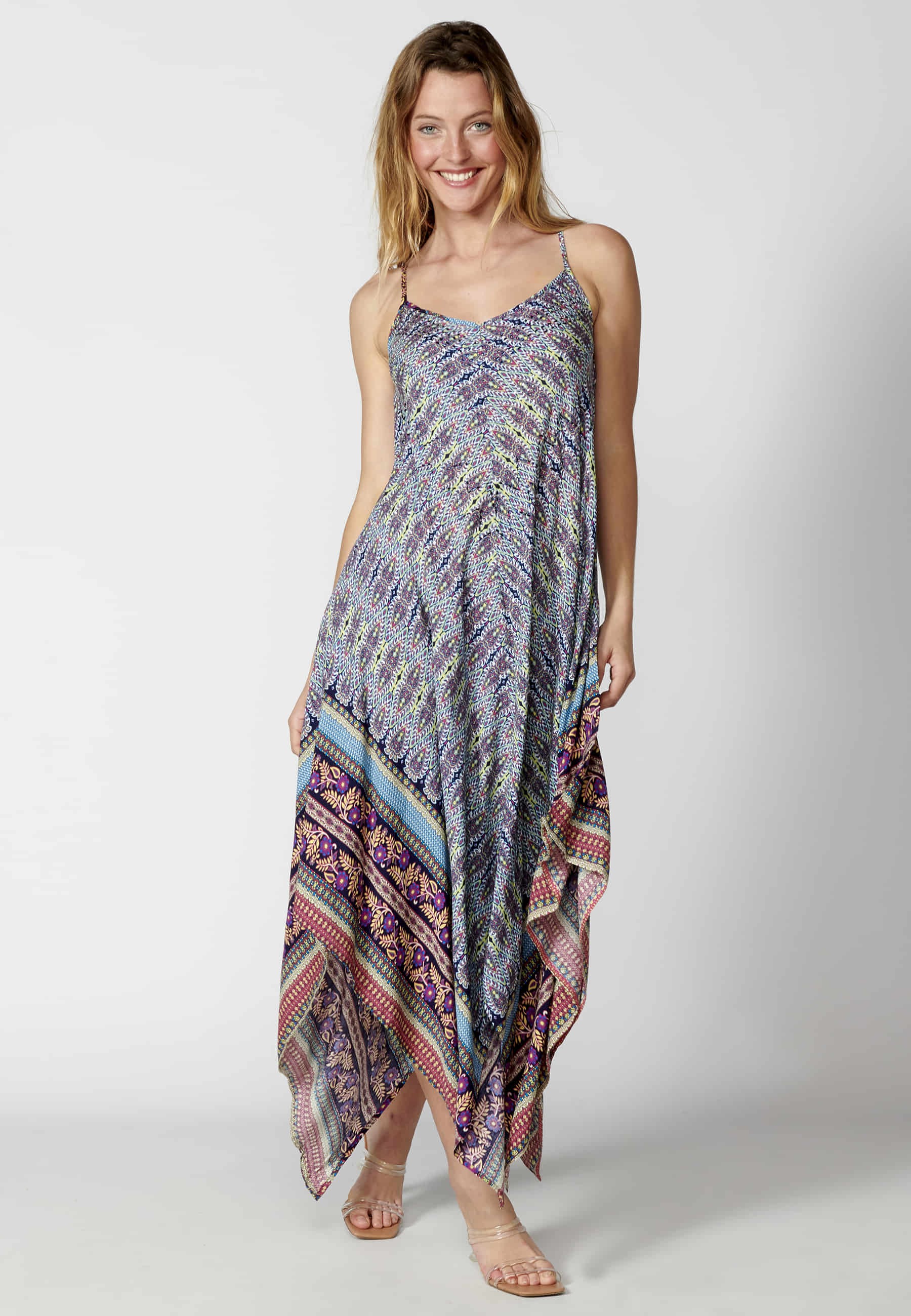 Loose long strappy dress with multicolor floral print for Women
