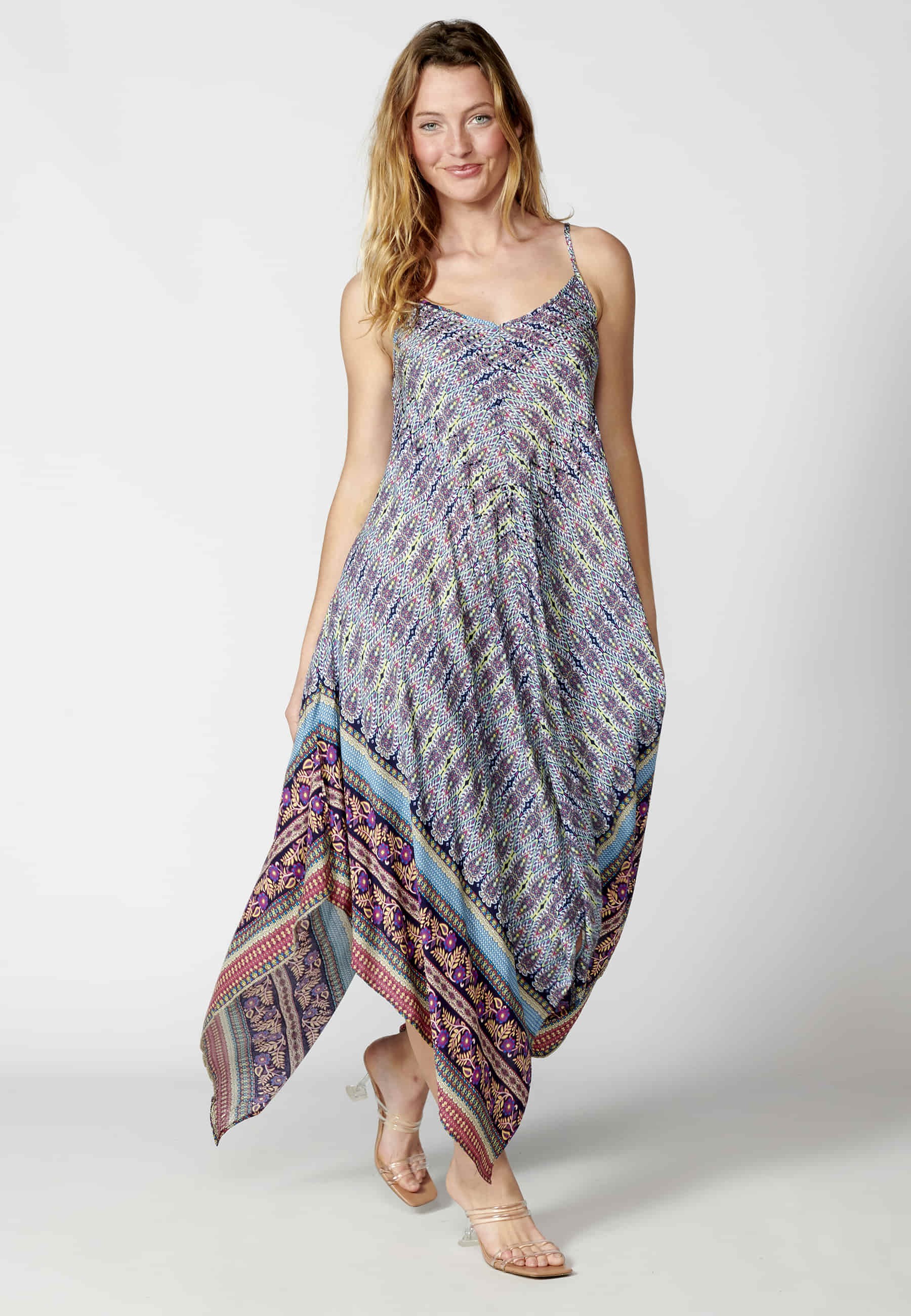 Loose long strappy dress with multicolor floral print for Women