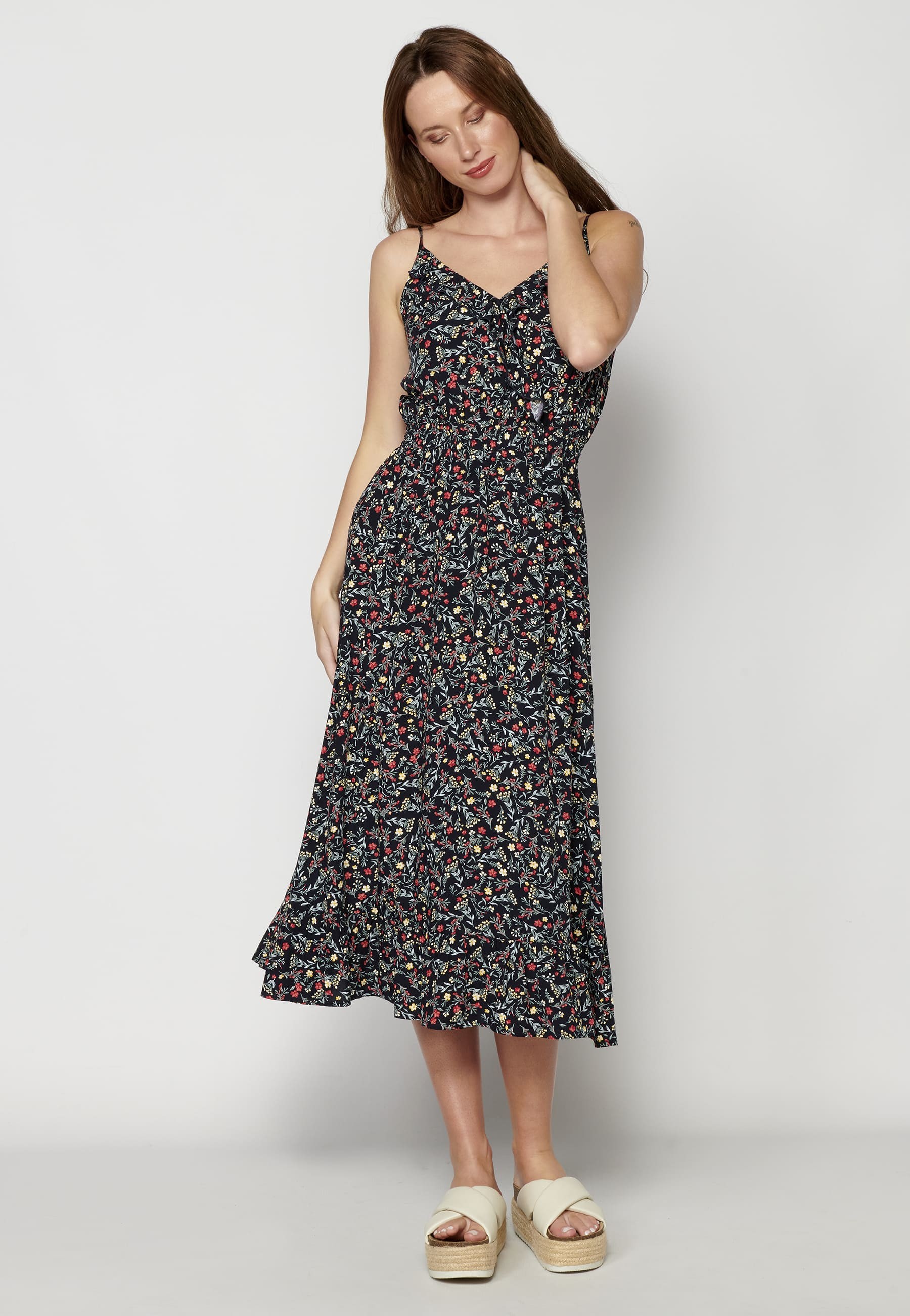 Navy Floral Print Strappy Dress with Ruffle Detail for Women