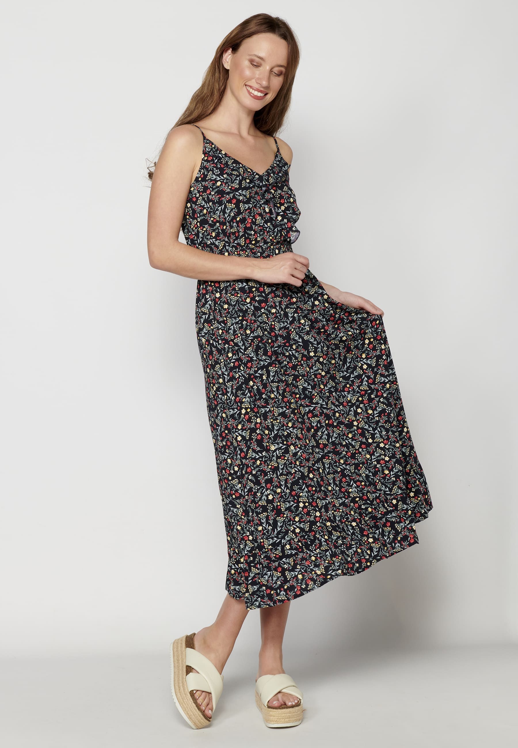 Navy Floral Print Strappy Dress with Ruffle Detail for Women