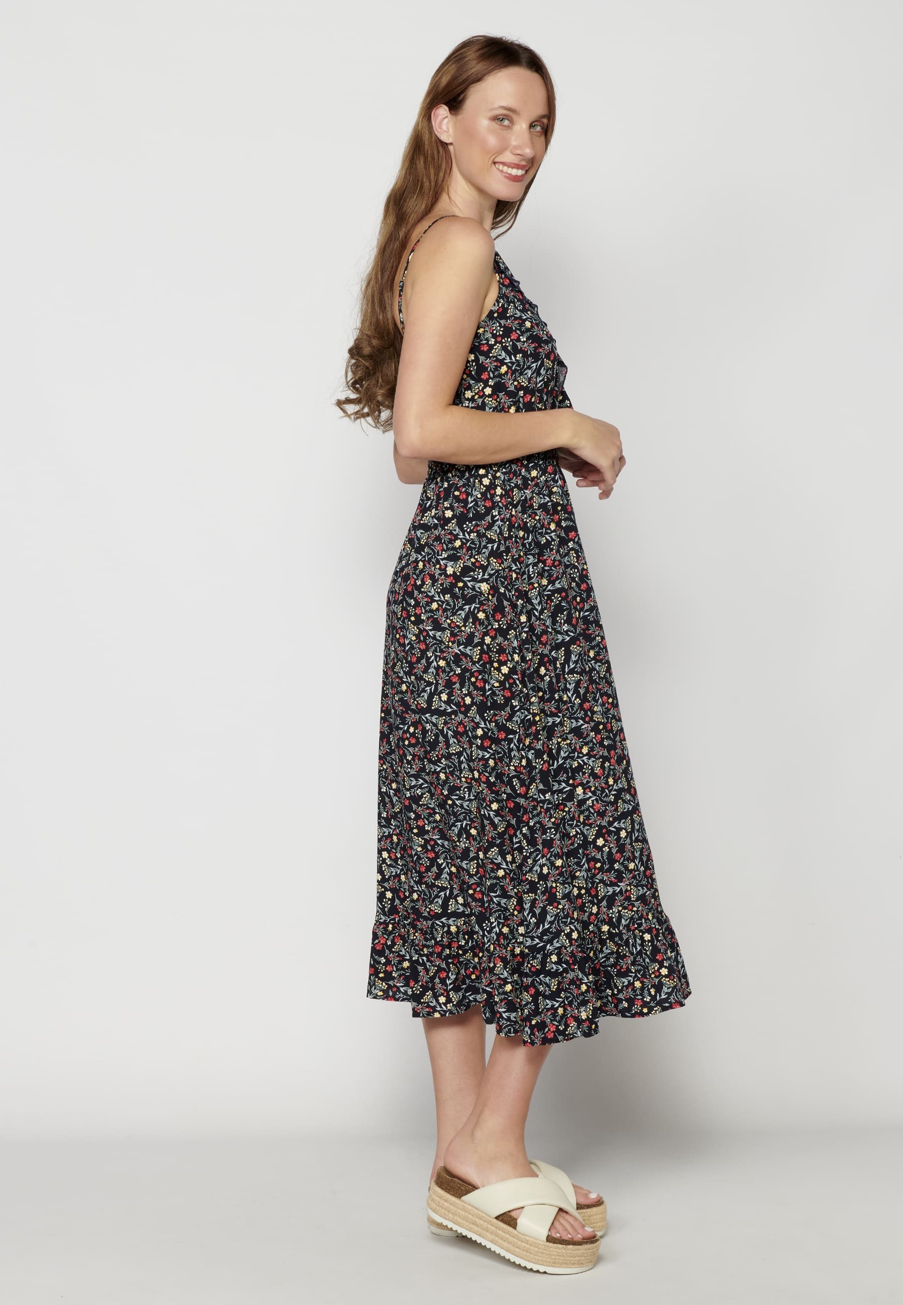 Navy Floral Print Strappy Dress with Ruffle Detail for Women