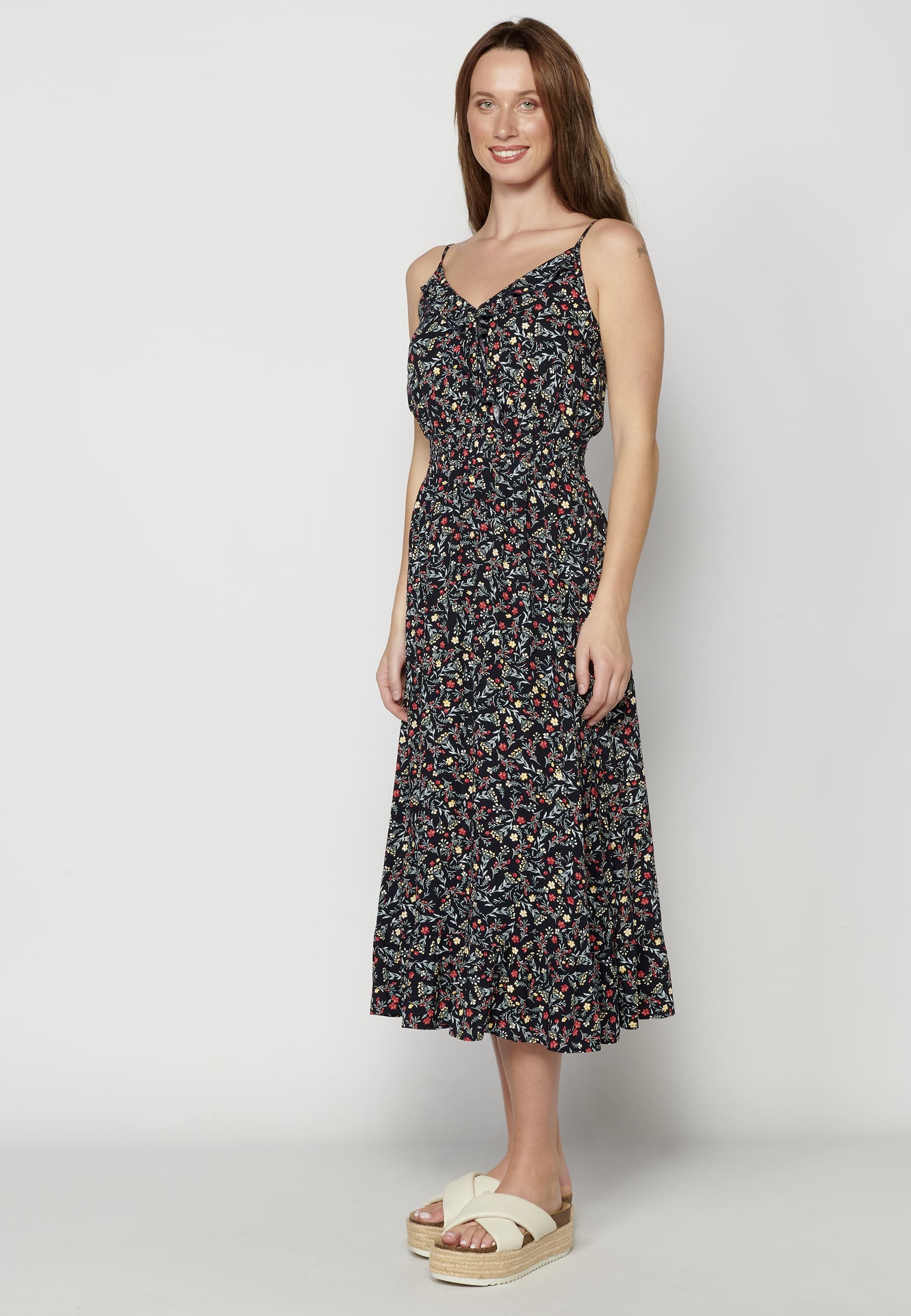 Vestido largo de tirantes con detalle de volantes estampado floral color Navy para Mujer