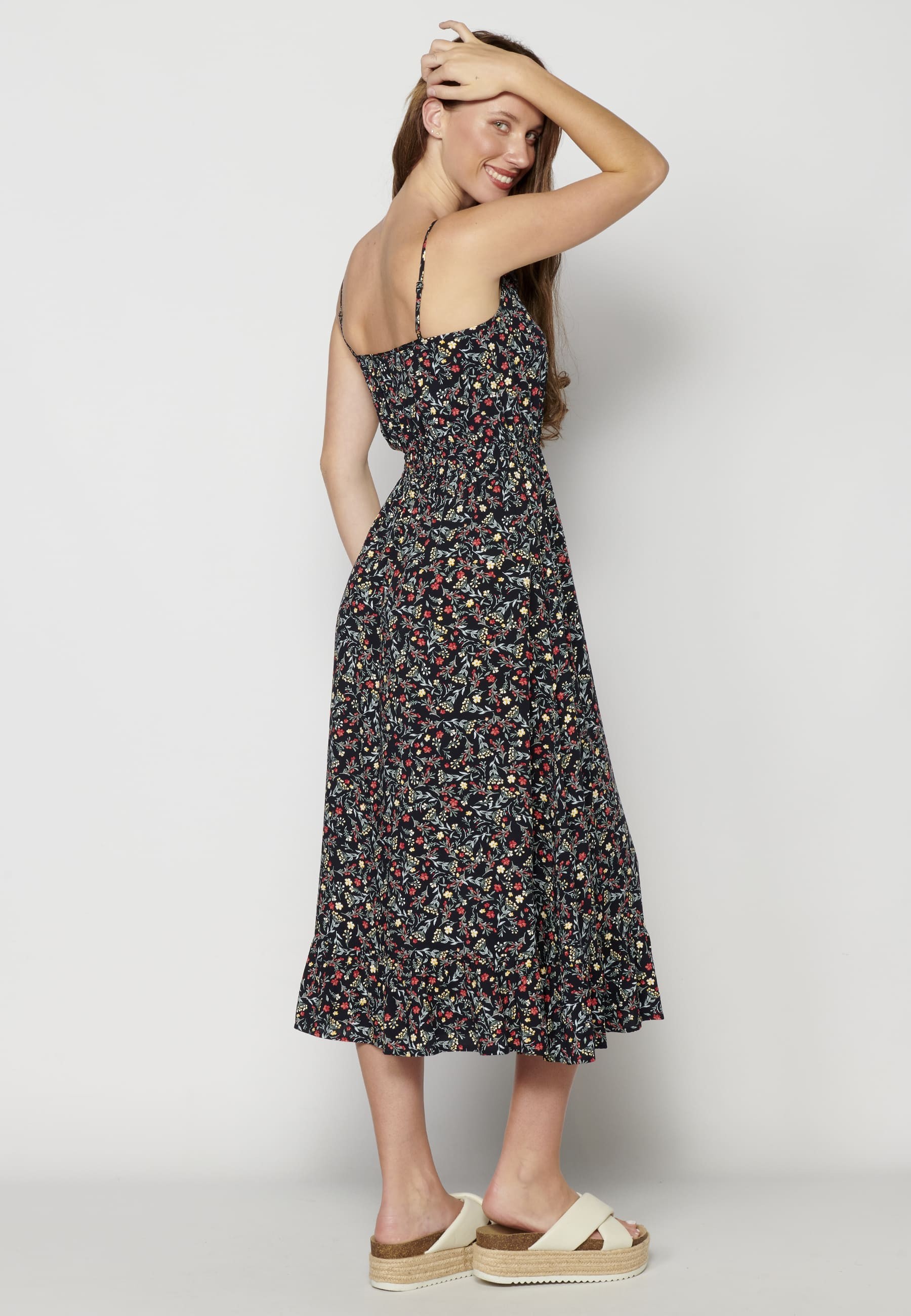 Navy Floral Print Strappy Dress with Ruffle Detail for Women