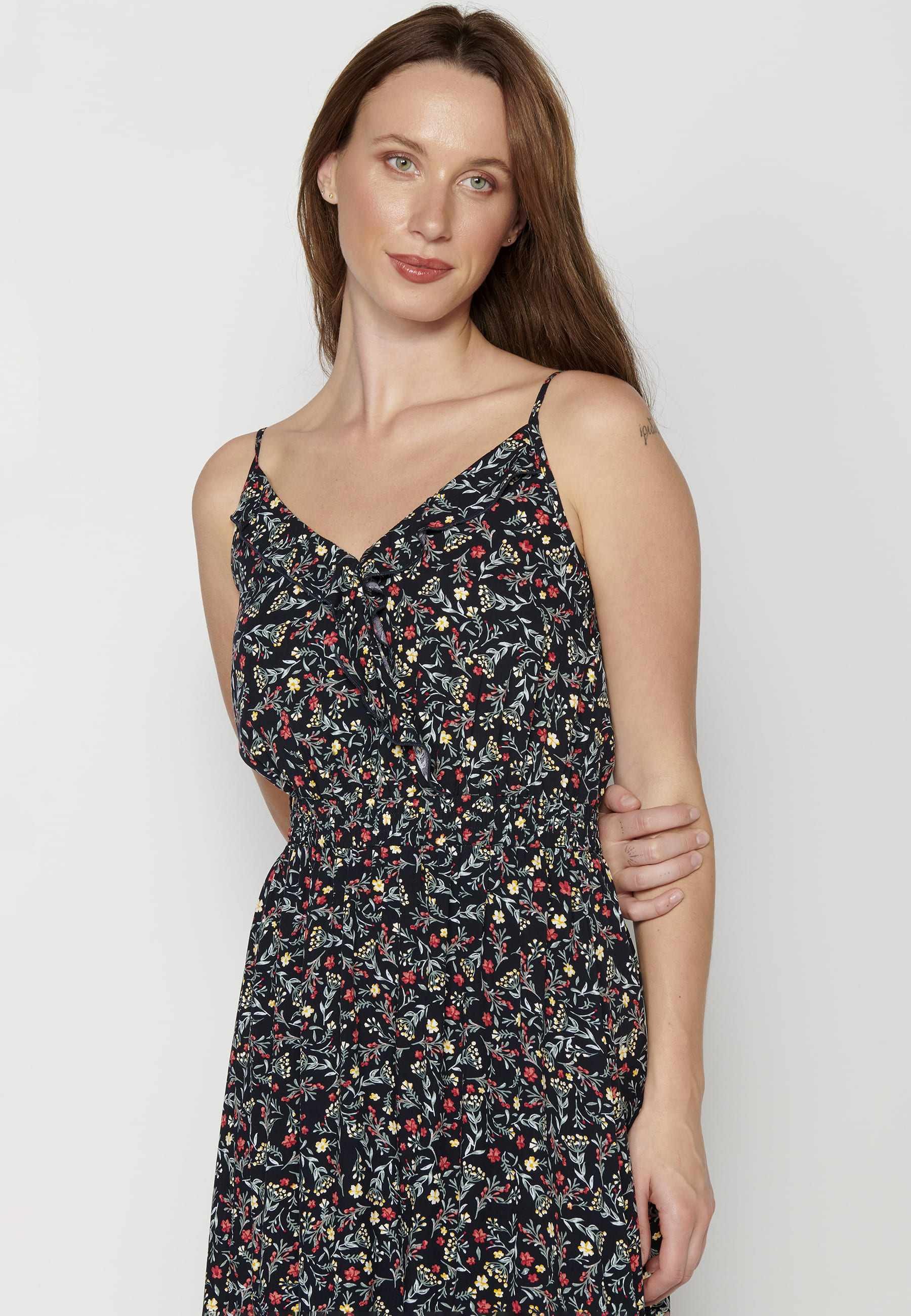 Navy Floral Print Strappy Dress with Ruffle Detail for Women