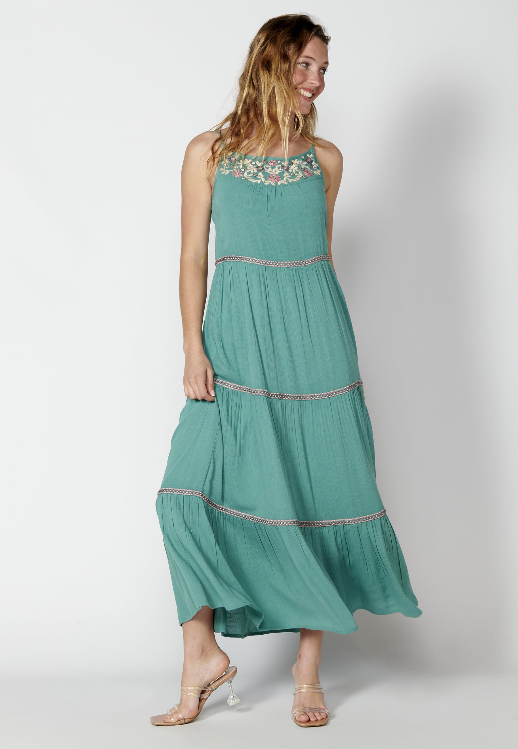 Long fluid dress with blue embroidery straps for Woman