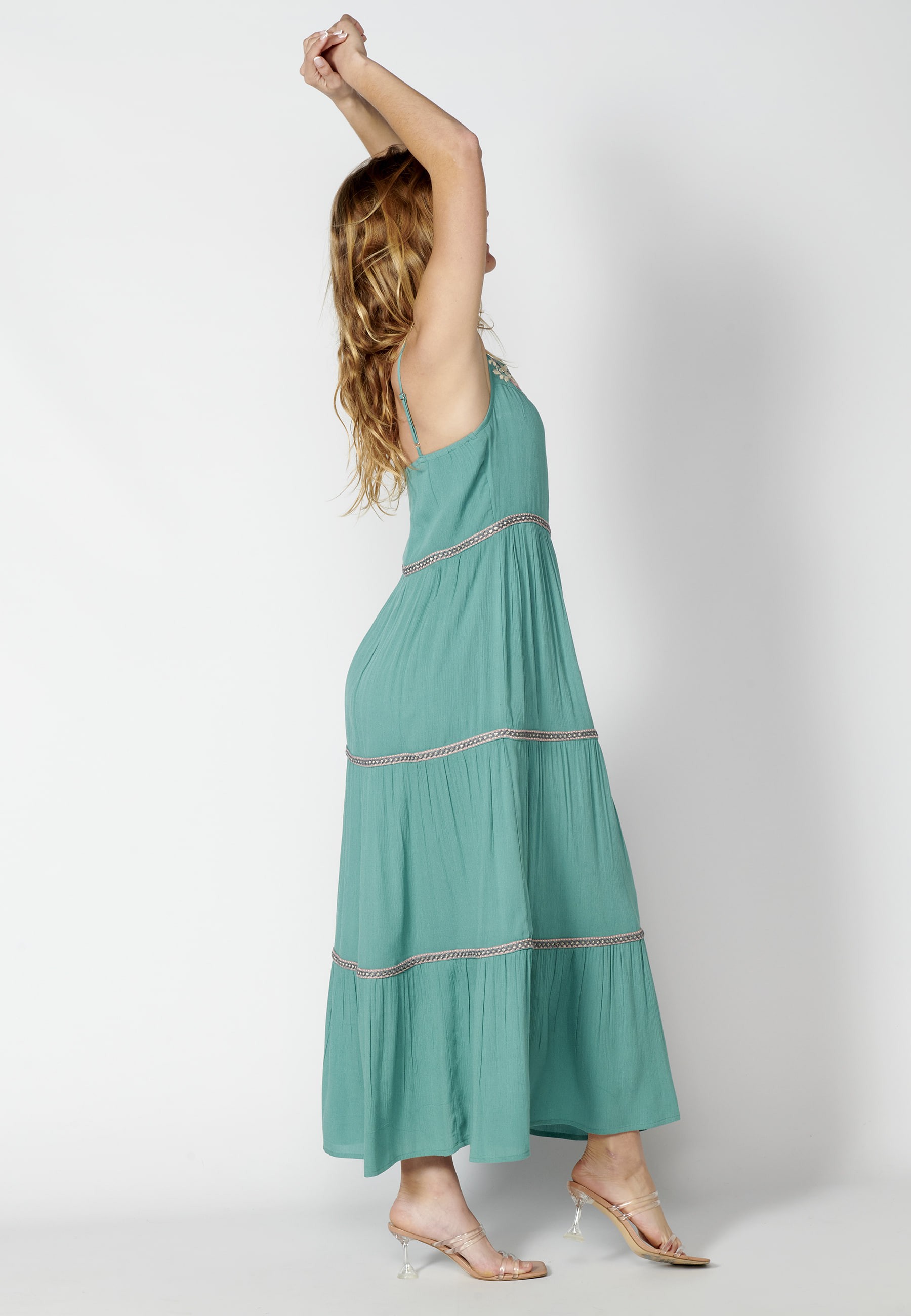 Long fluid dress with blue embroidery straps for Woman
