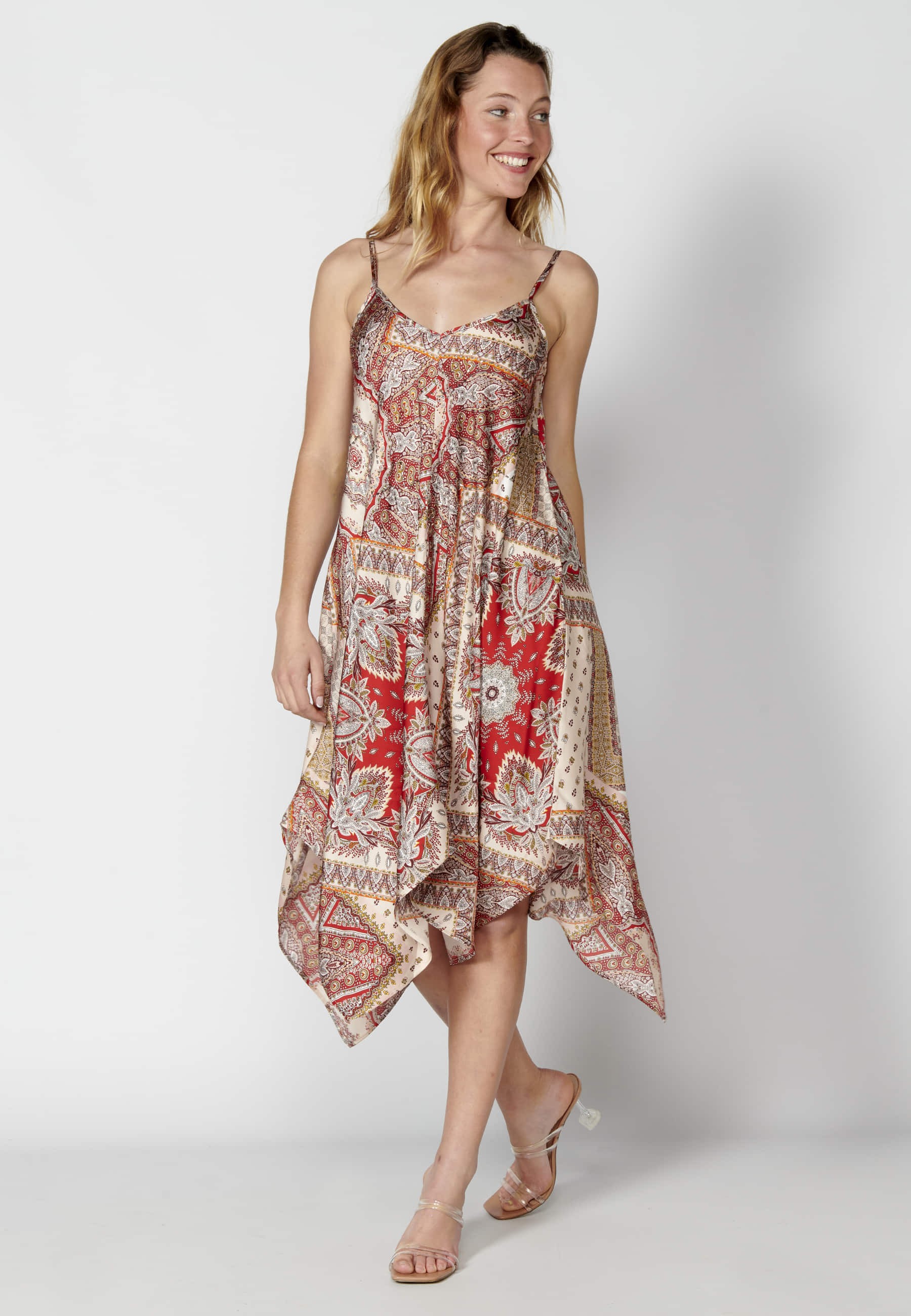 Loose long strappy dress with floral print in Red color for Women
