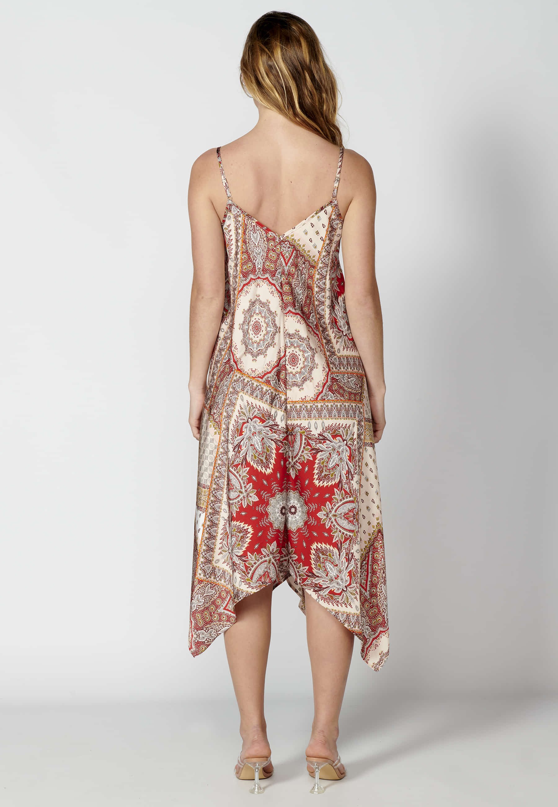 Loose long strappy dress with floral print in Red color for Women
