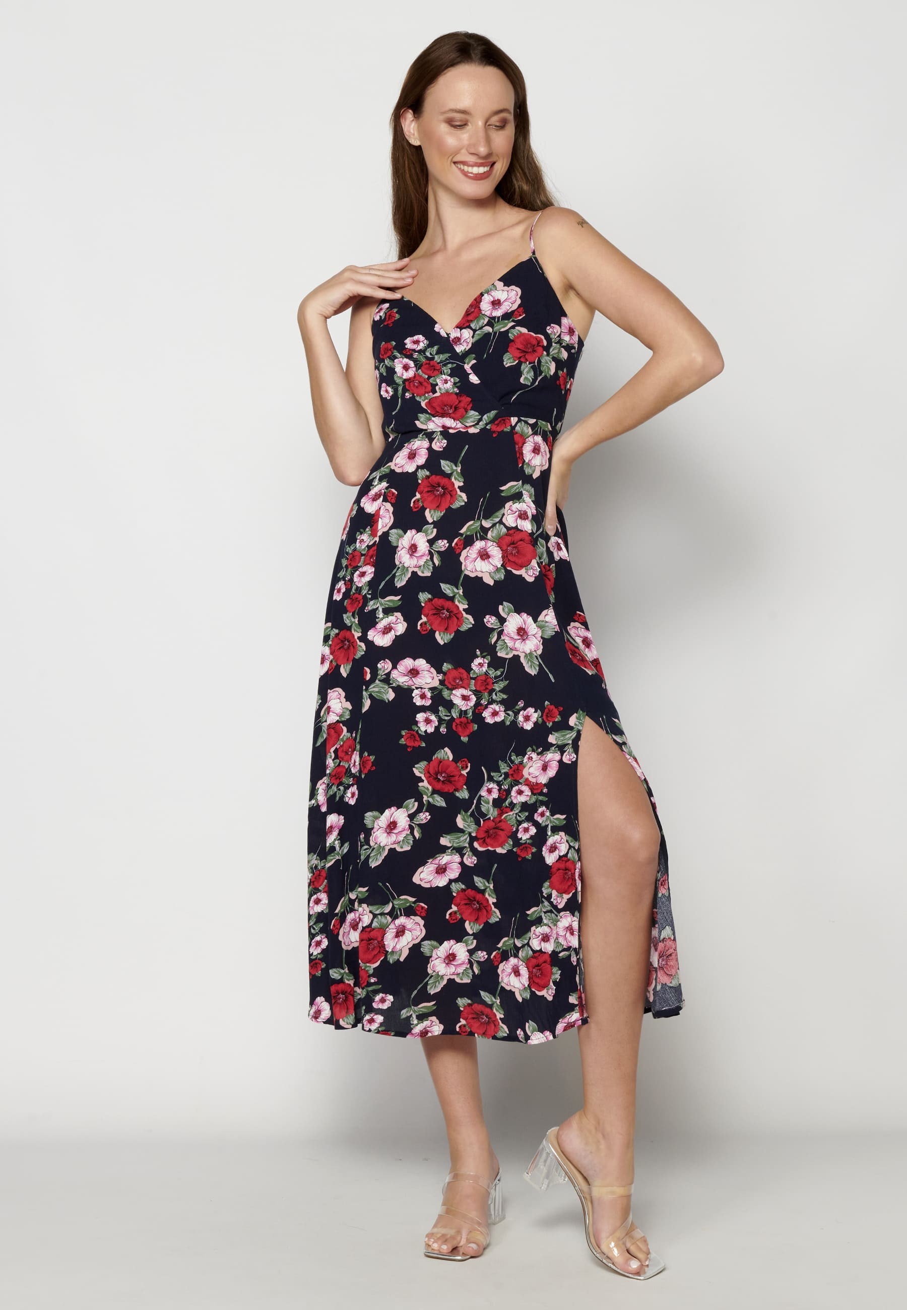 Navy Floral Print Long Dress with Side Slit for Woman