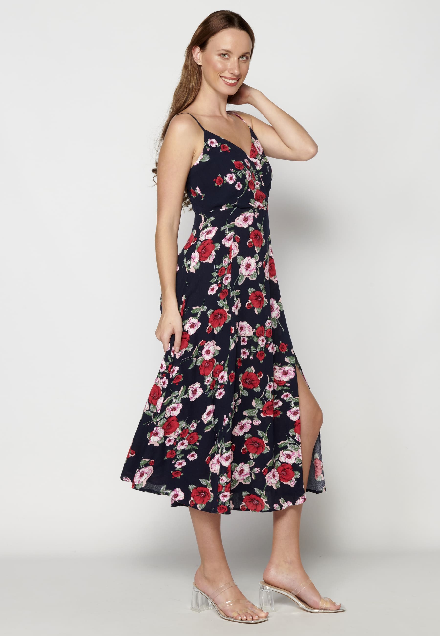 Navy Floral Print Long Dress with Side Slit for Woman