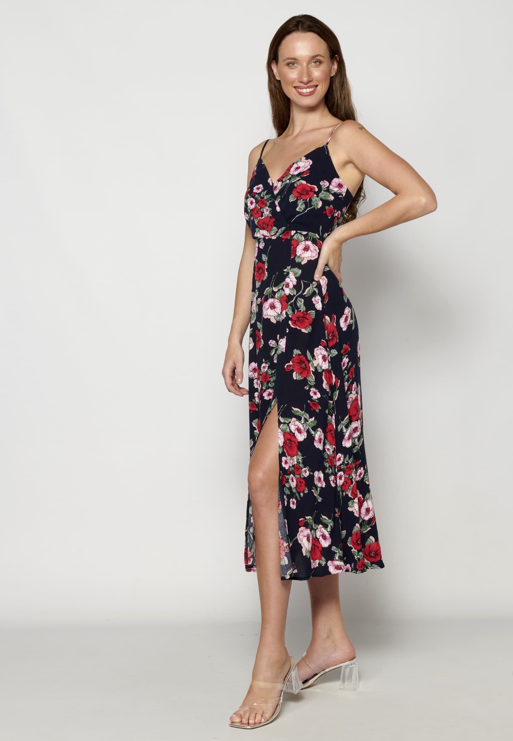 Navy Floral Print Long Dress with Side Slit for Woman