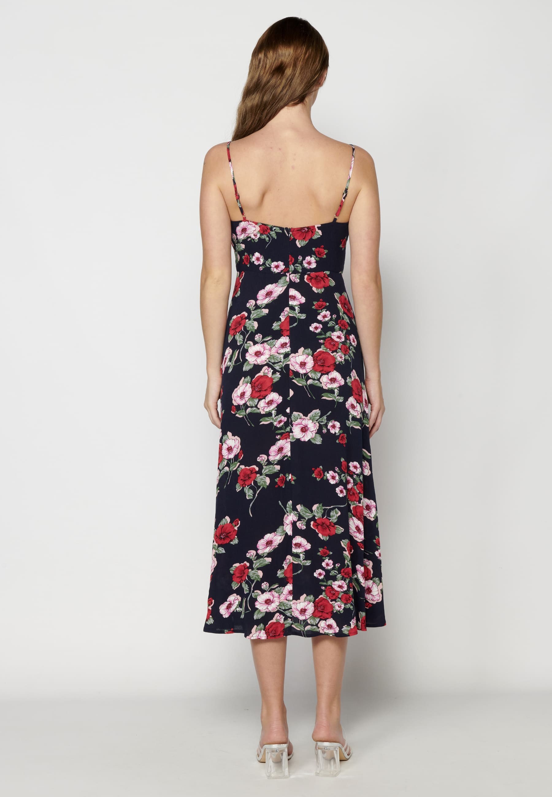 Navy Floral Print Long Dress with Side Slit for Woman