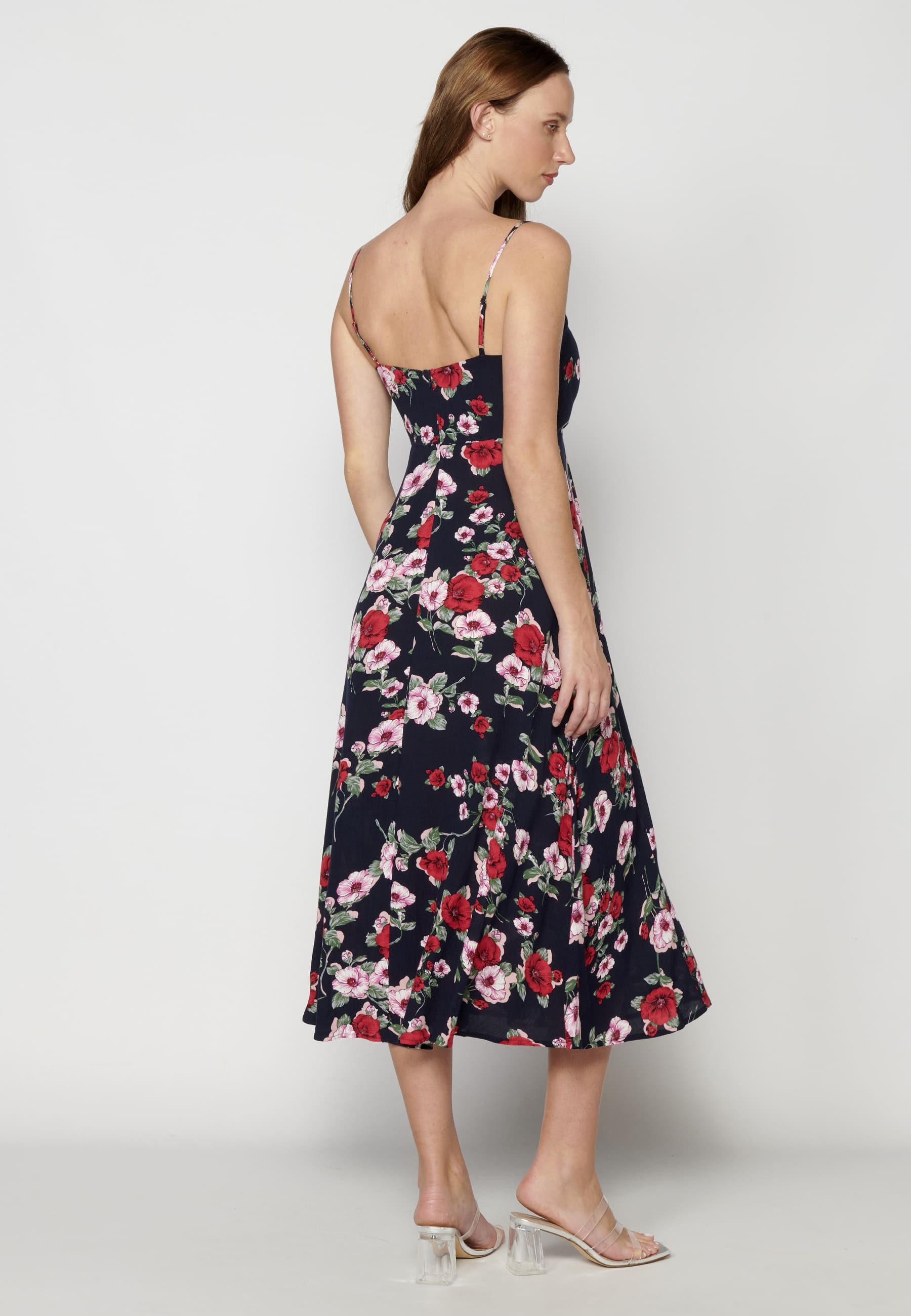 Navy Floral Print Long Dress with Side Slit for Woman