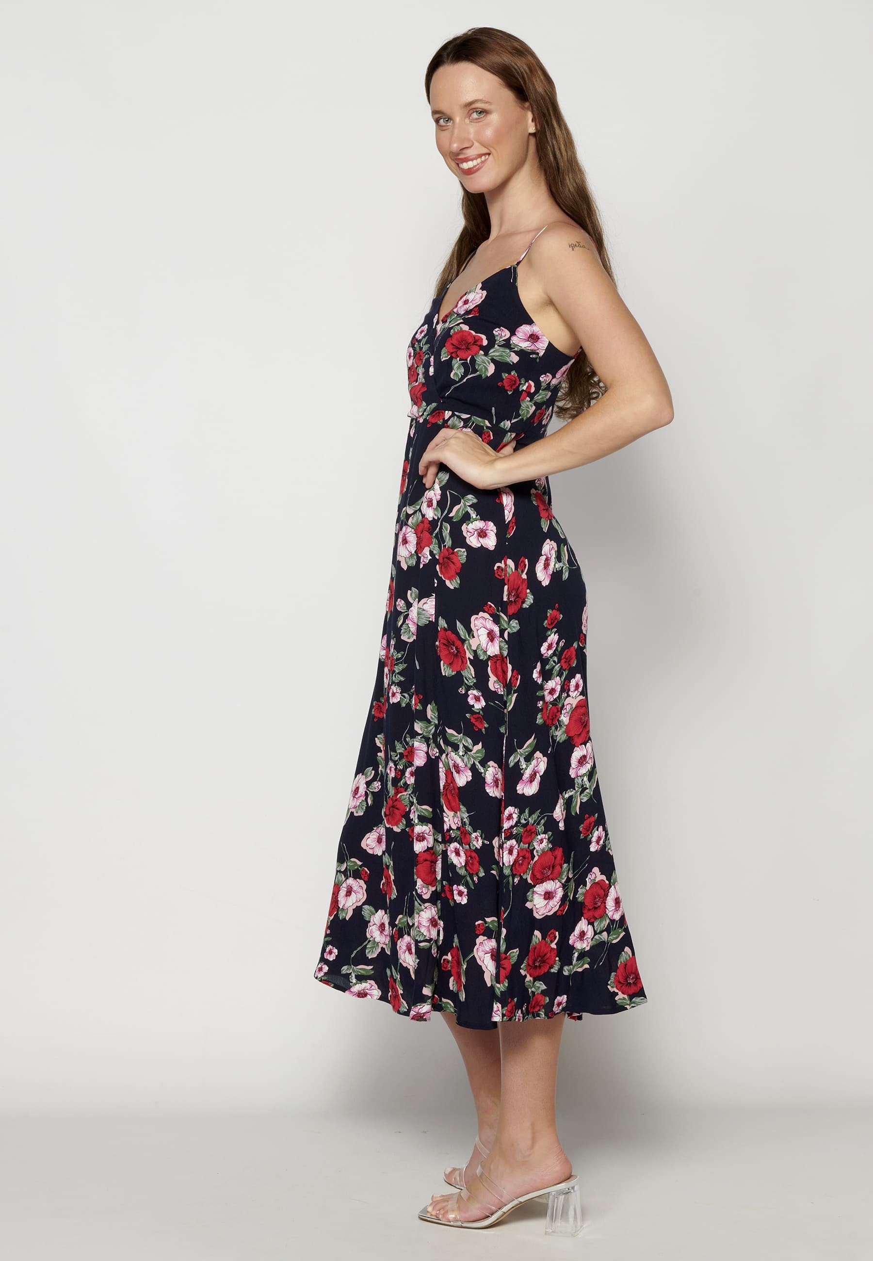 Navy Floral Print Long Dress with Side Slit for Woman