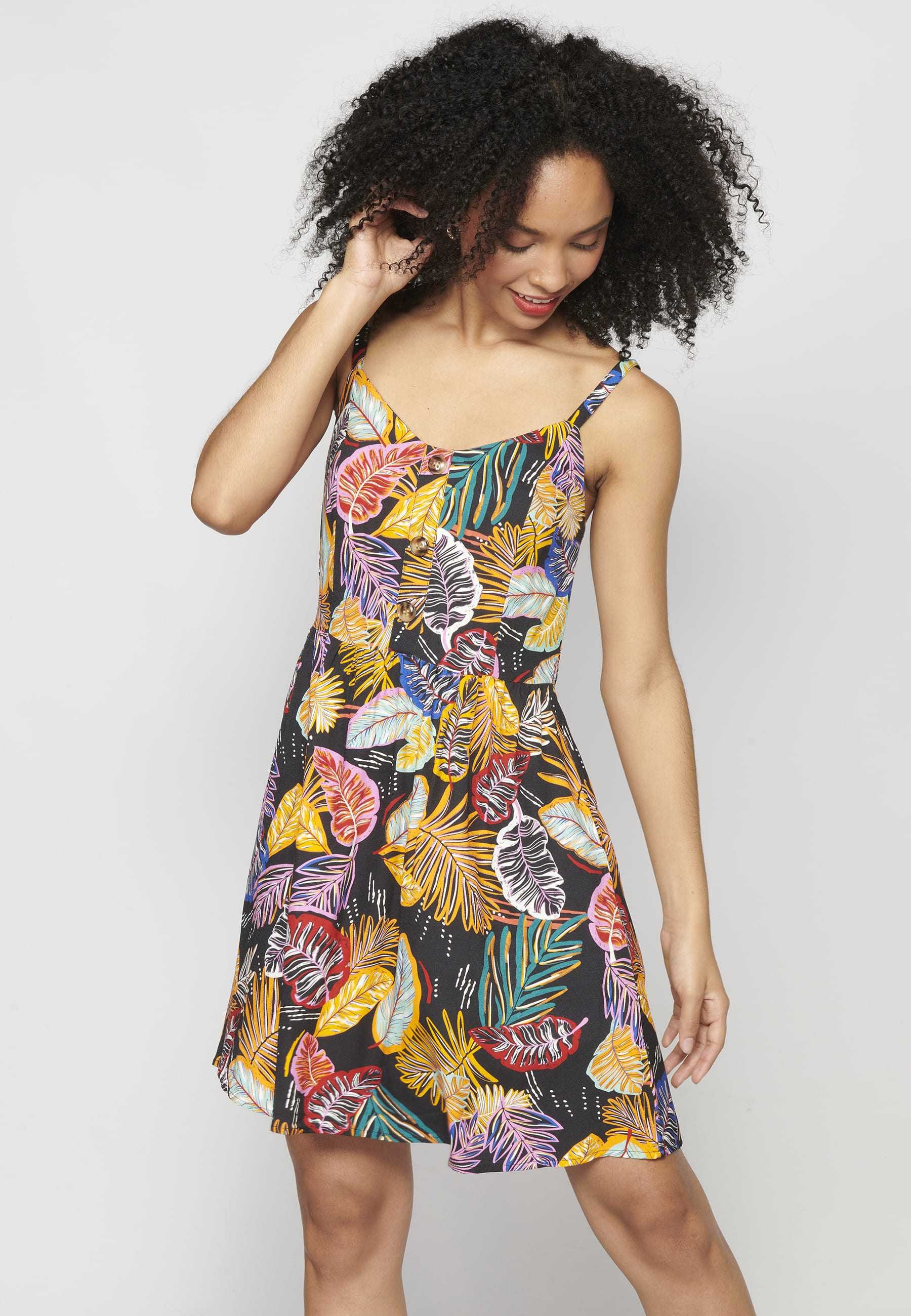 Strappy dress with V-neck and tropical print in Multicolor for Woman