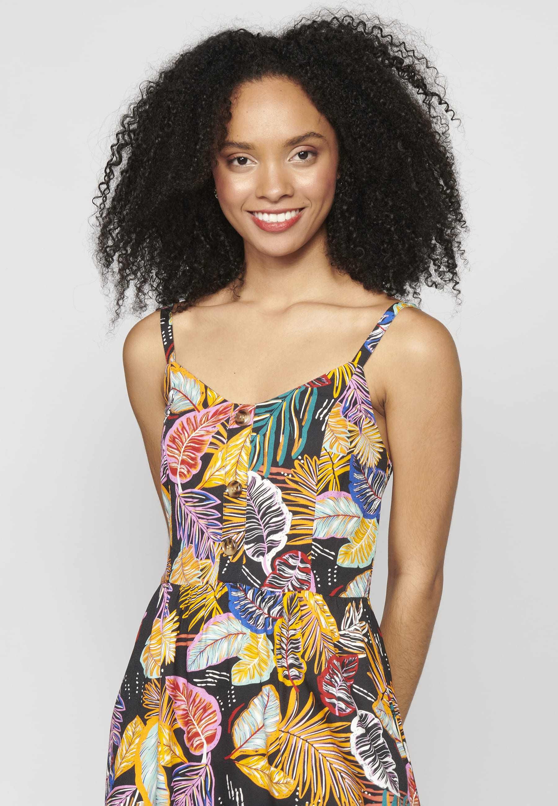 Vestido corto de tirantes con escote pico y estampado tropical color Multicolor para Mujer