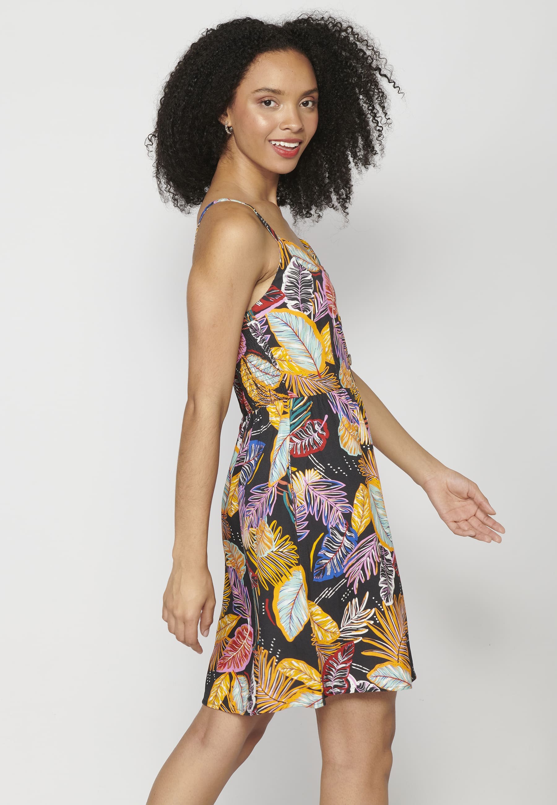 Strappy dress with V-neck and tropical print in Multicolor for Woman
