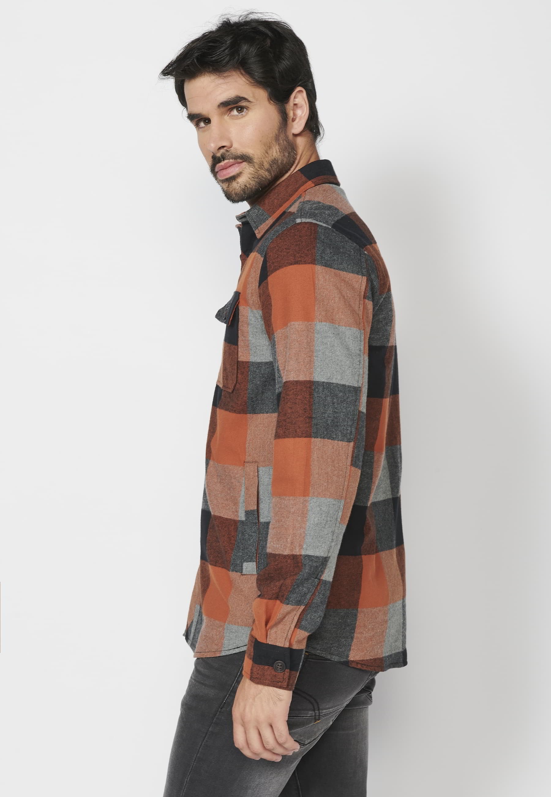 Men's Orange Faux Fur-Lined Checked Long-Sleeve Cotton Overshirt
