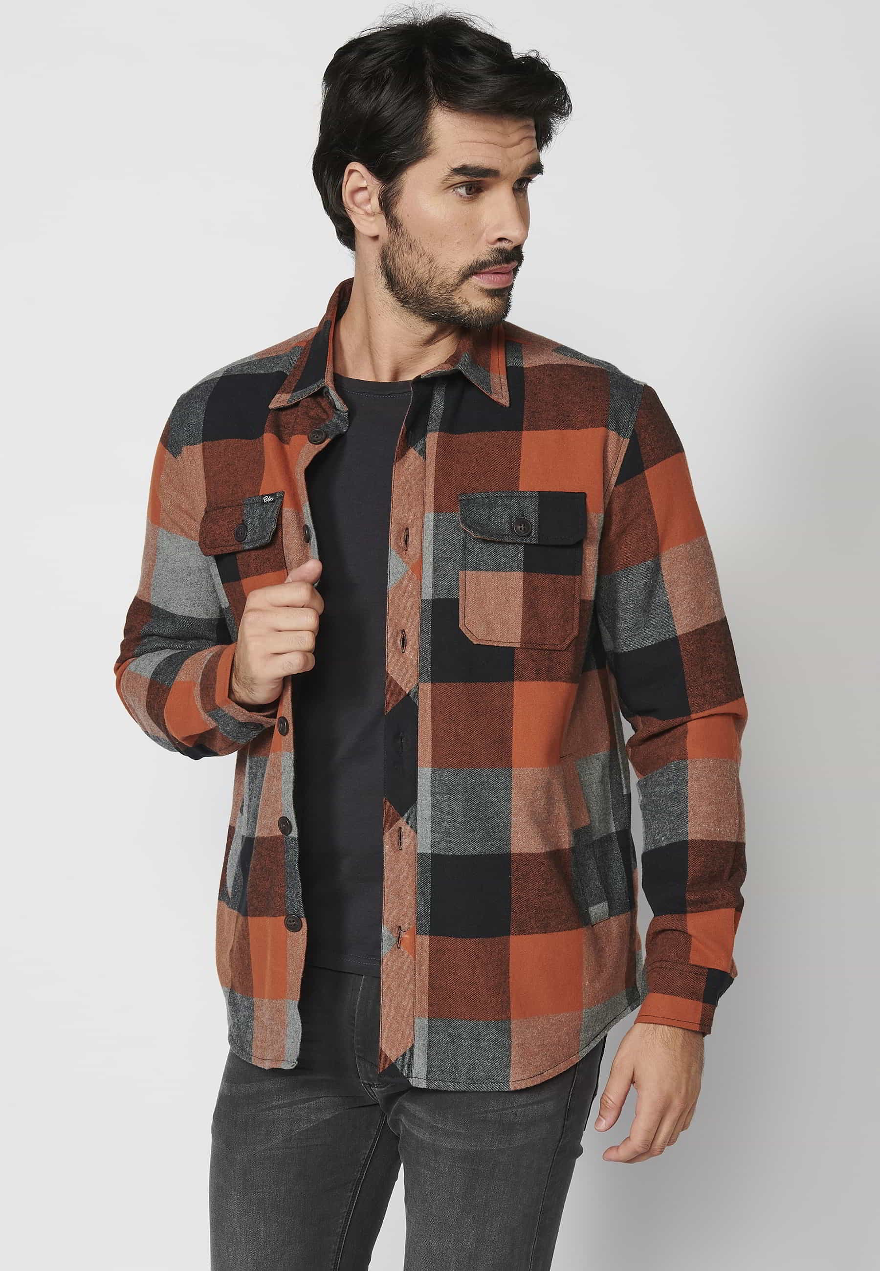 Men's Orange Faux Fur-Lined Checked Long-Sleeve Cotton Overshirt