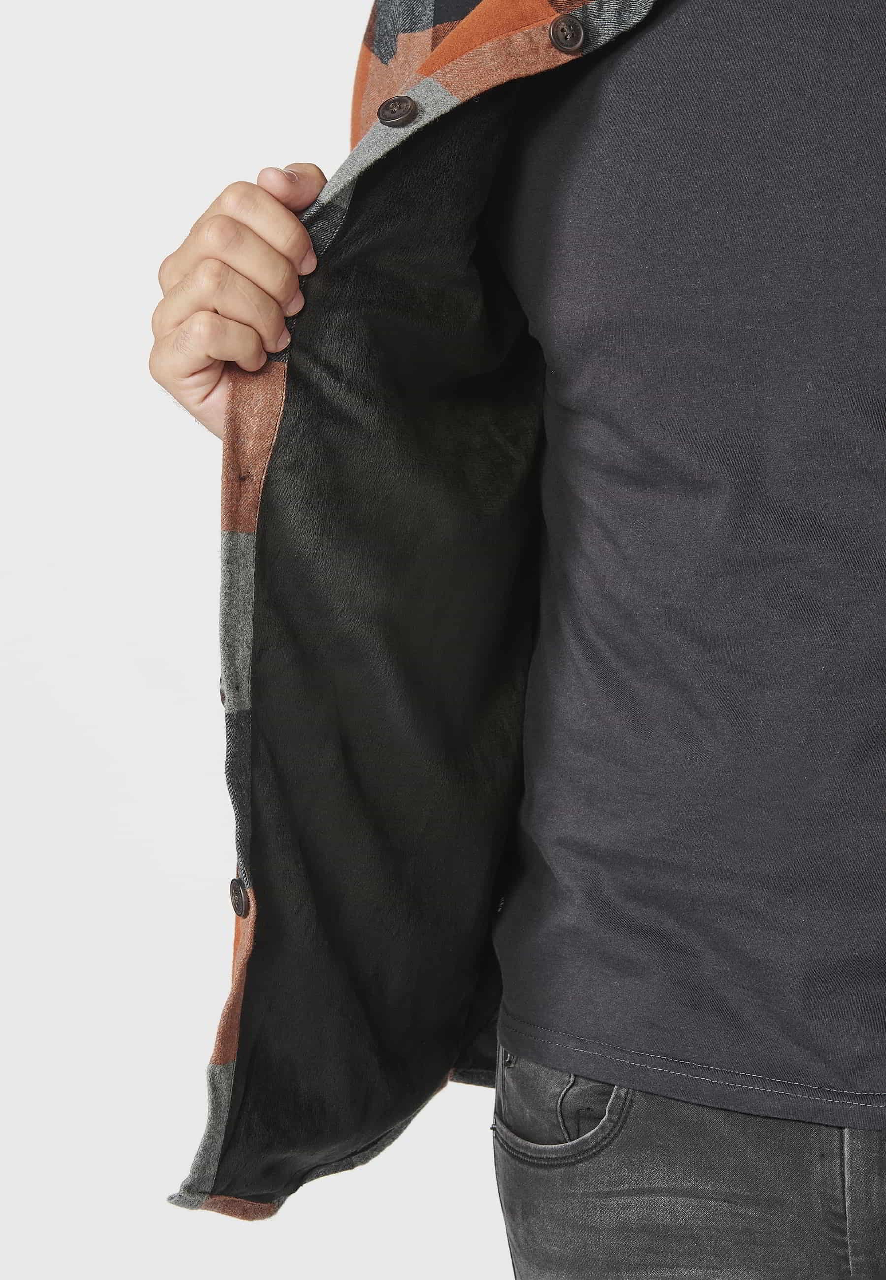 Men's Orange Faux Fur-Lined Checked Long-Sleeve Cotton Overshirt