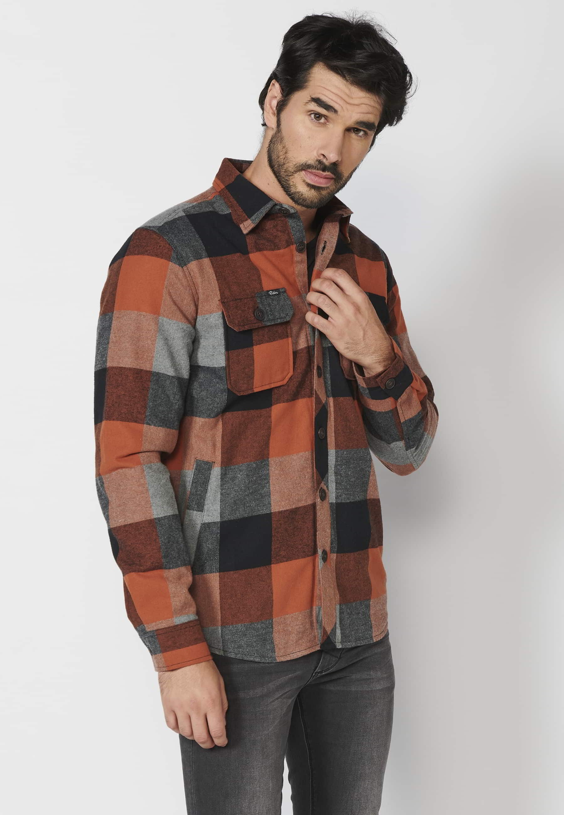 Men's Orange Faux Fur-Lined Checked Long-Sleeve Cotton Overshirt