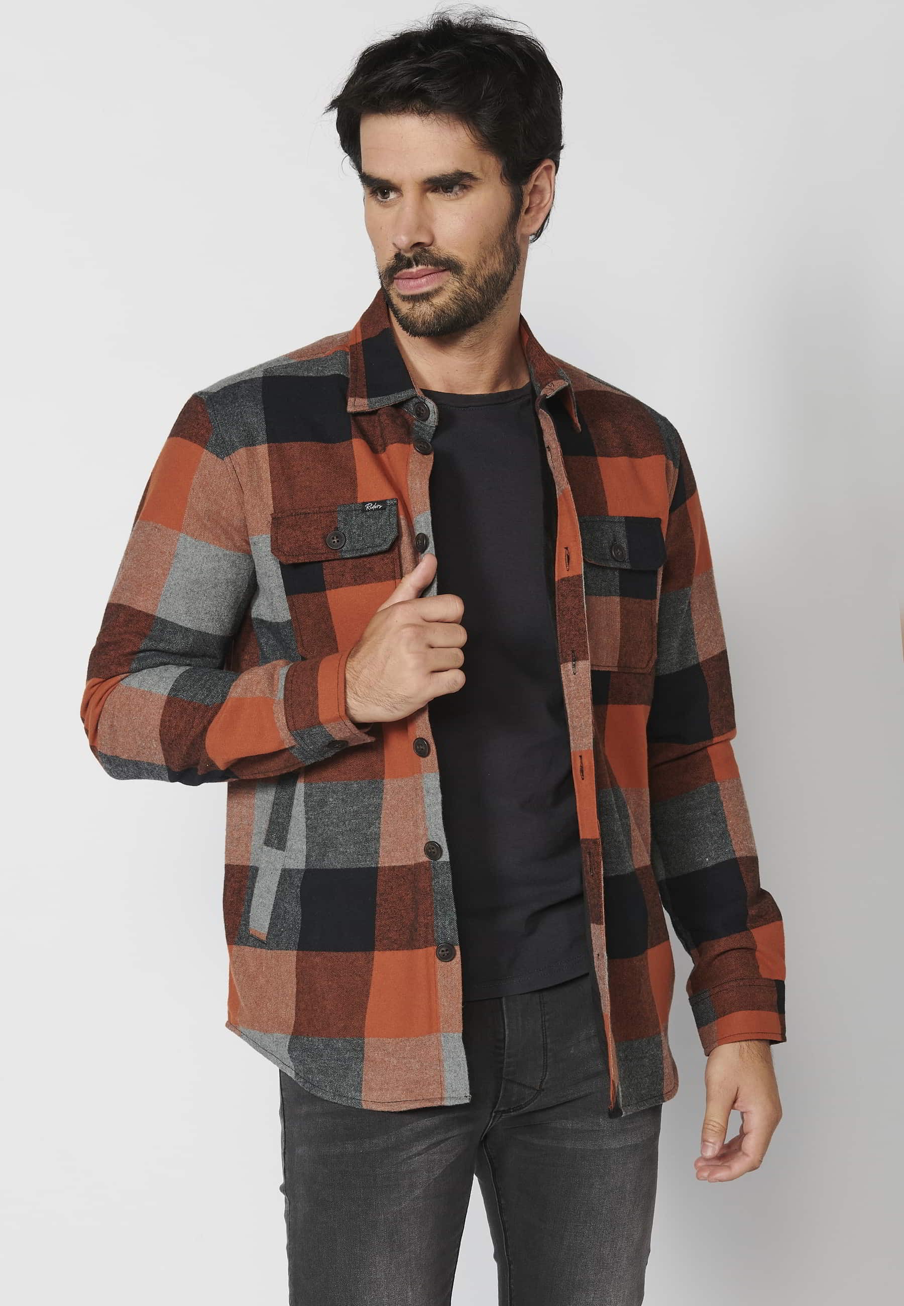 Men's Orange Faux Fur-Lined Checked Long-Sleeve Cotton Overshirt