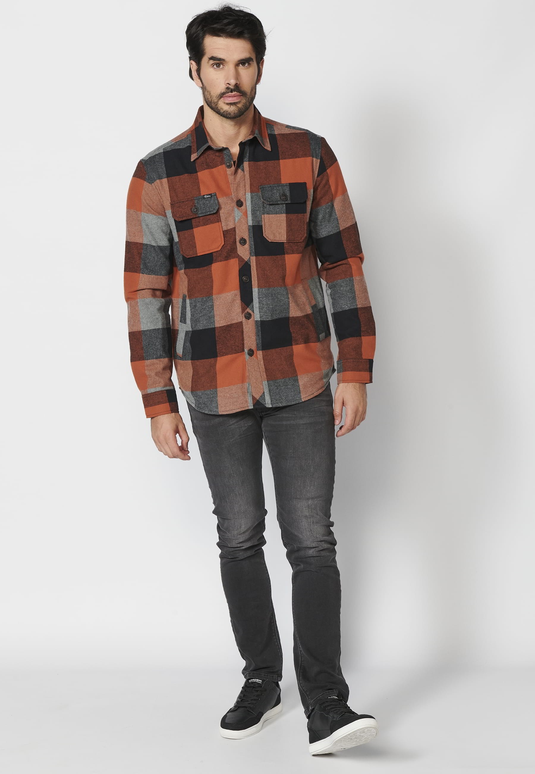 Men's Orange Faux Fur-Lined Checked Long-Sleeve Cotton Overshirt