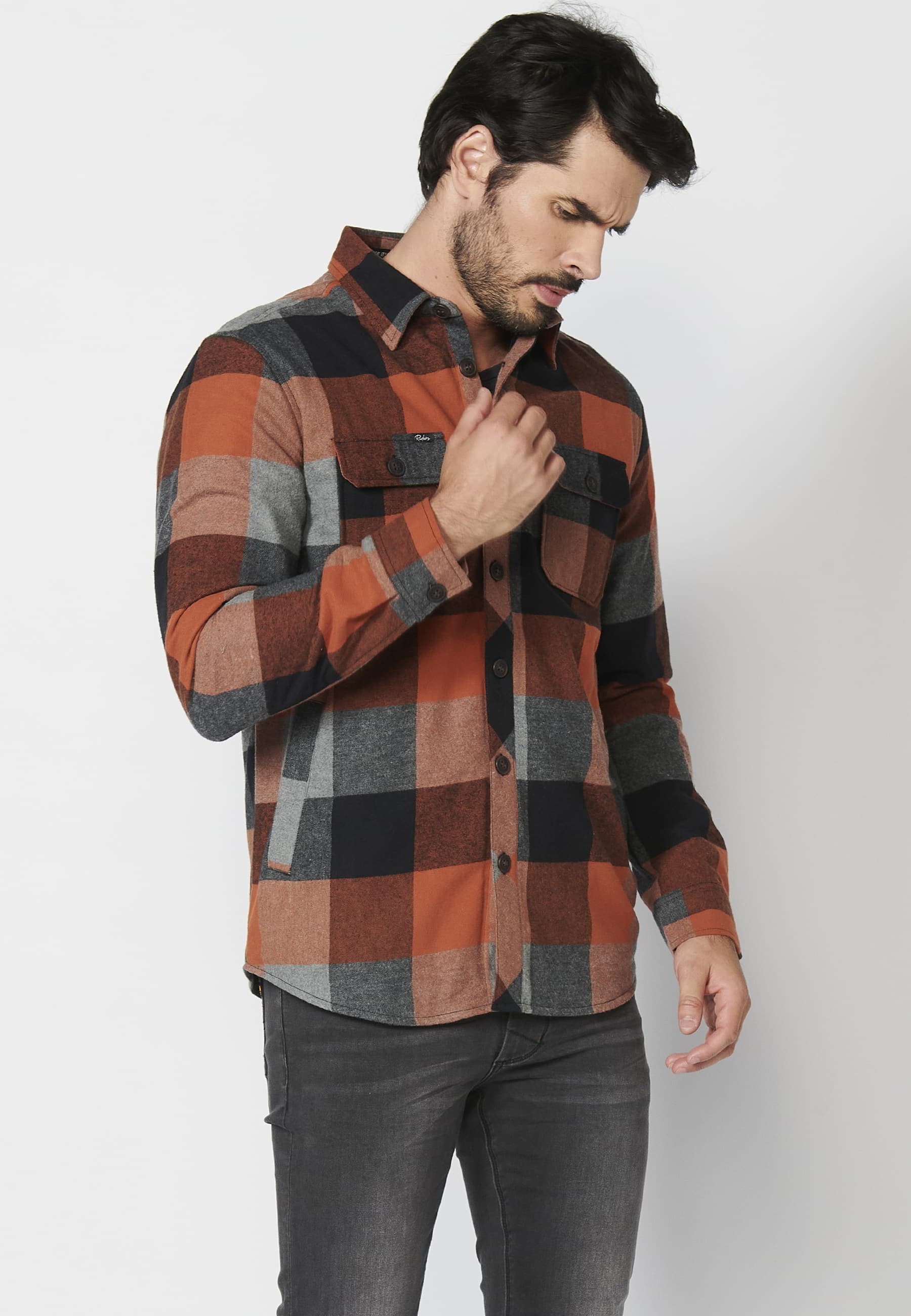 Men's Orange Faux Fur-Lined Checked Long-Sleeve Cotton Overshirt