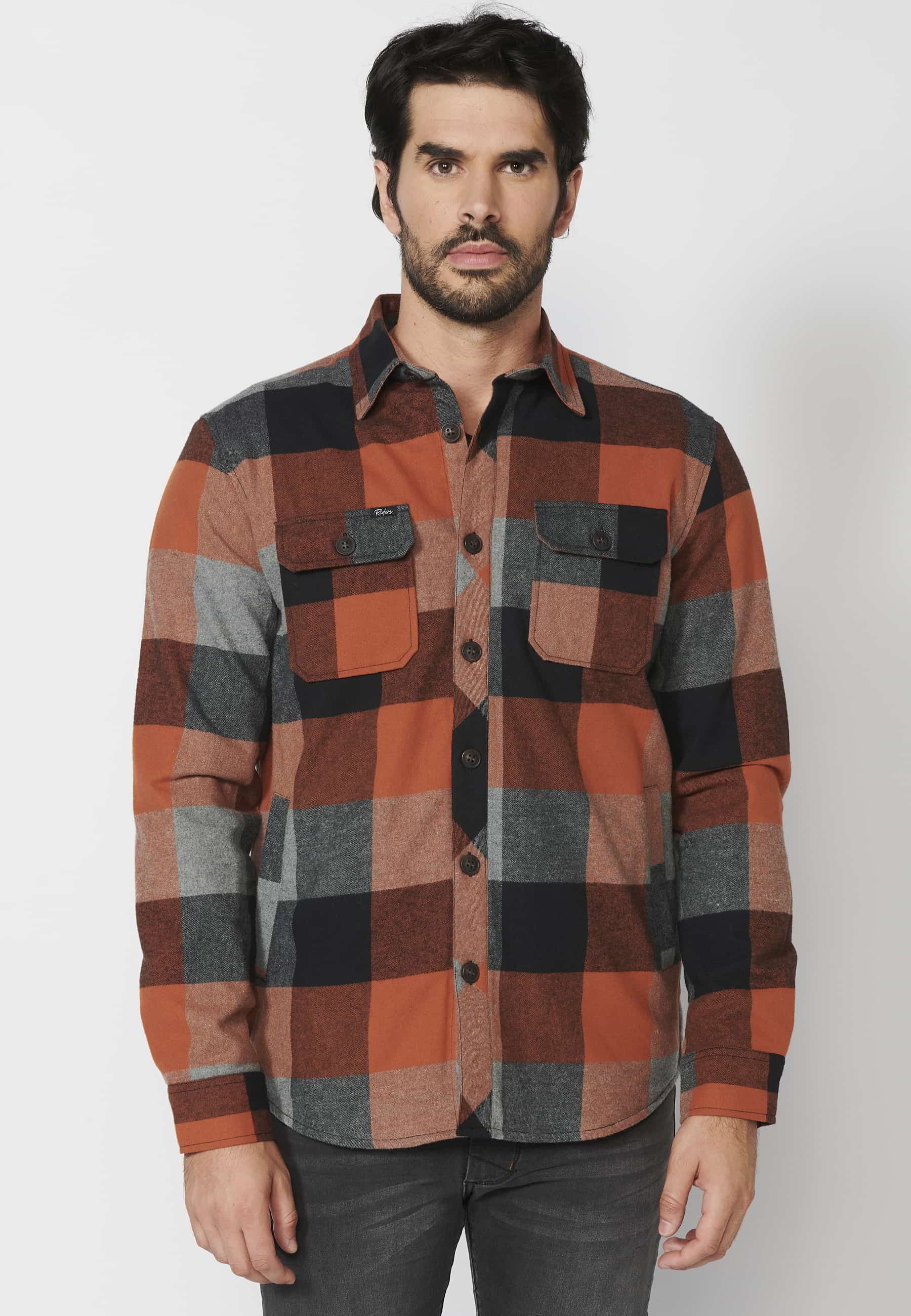 Men's Orange Faux Fur-Lined Checked Long-Sleeve Cotton Overshirt