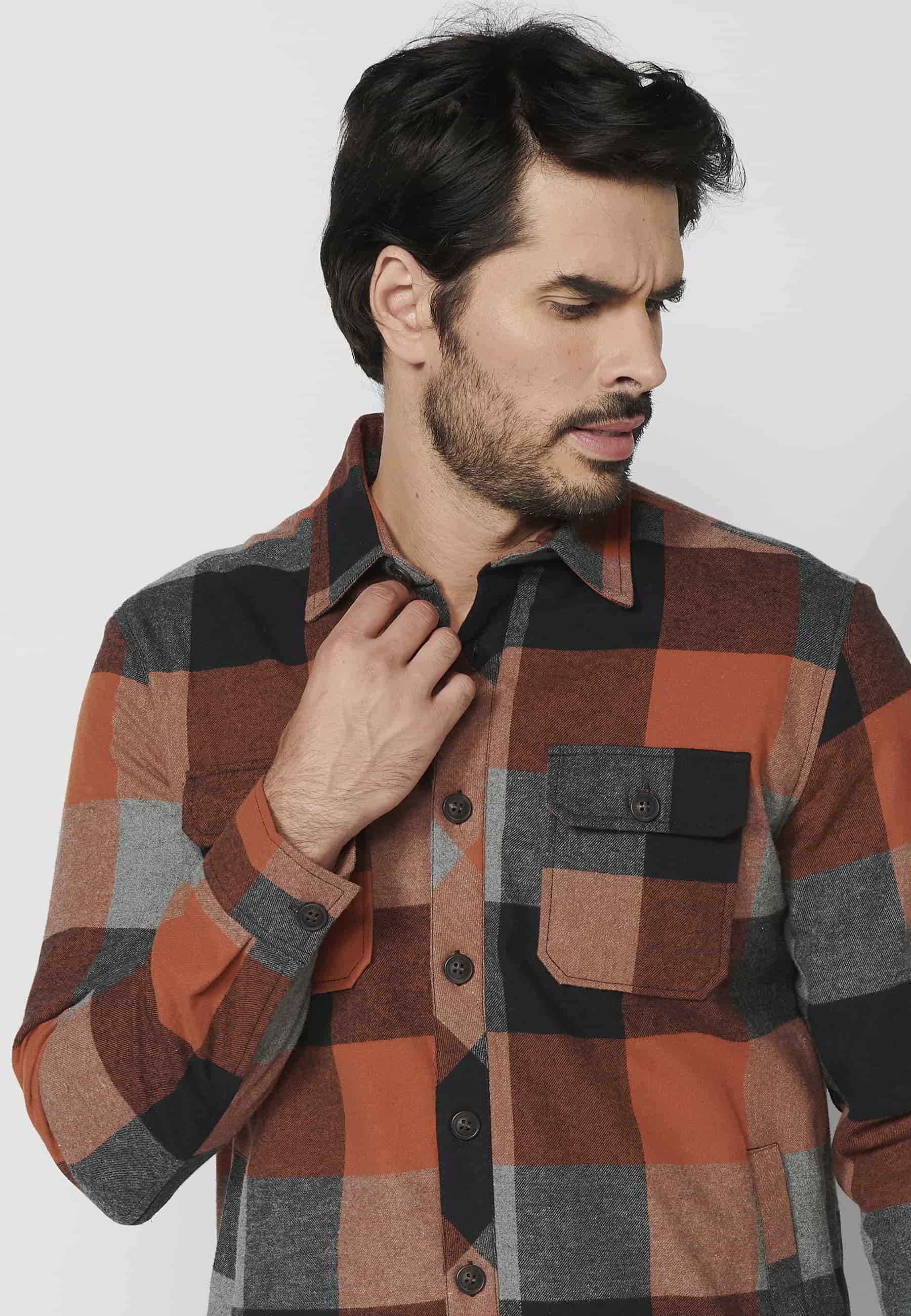 Men's Orange Faux Fur-Lined Checked Long-Sleeve Cotton Overshirt
