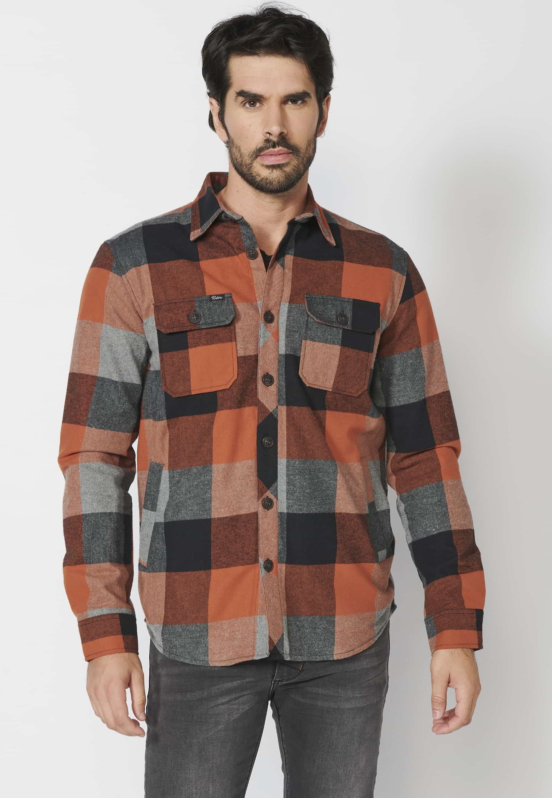 Men's Orange Faux Fur-Lined Checked Long-Sleeve Cotton Overshirt